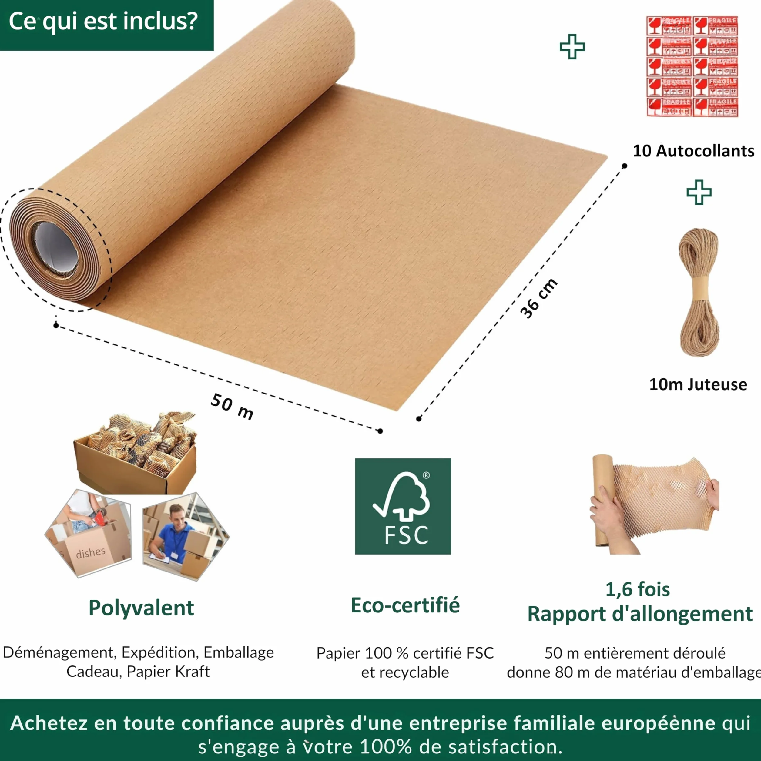 Papier d'Emballage Nid d'Abeille 36cm x 50m Biodegradable Ecologique pour Emballage Demenagement Protection Colis
