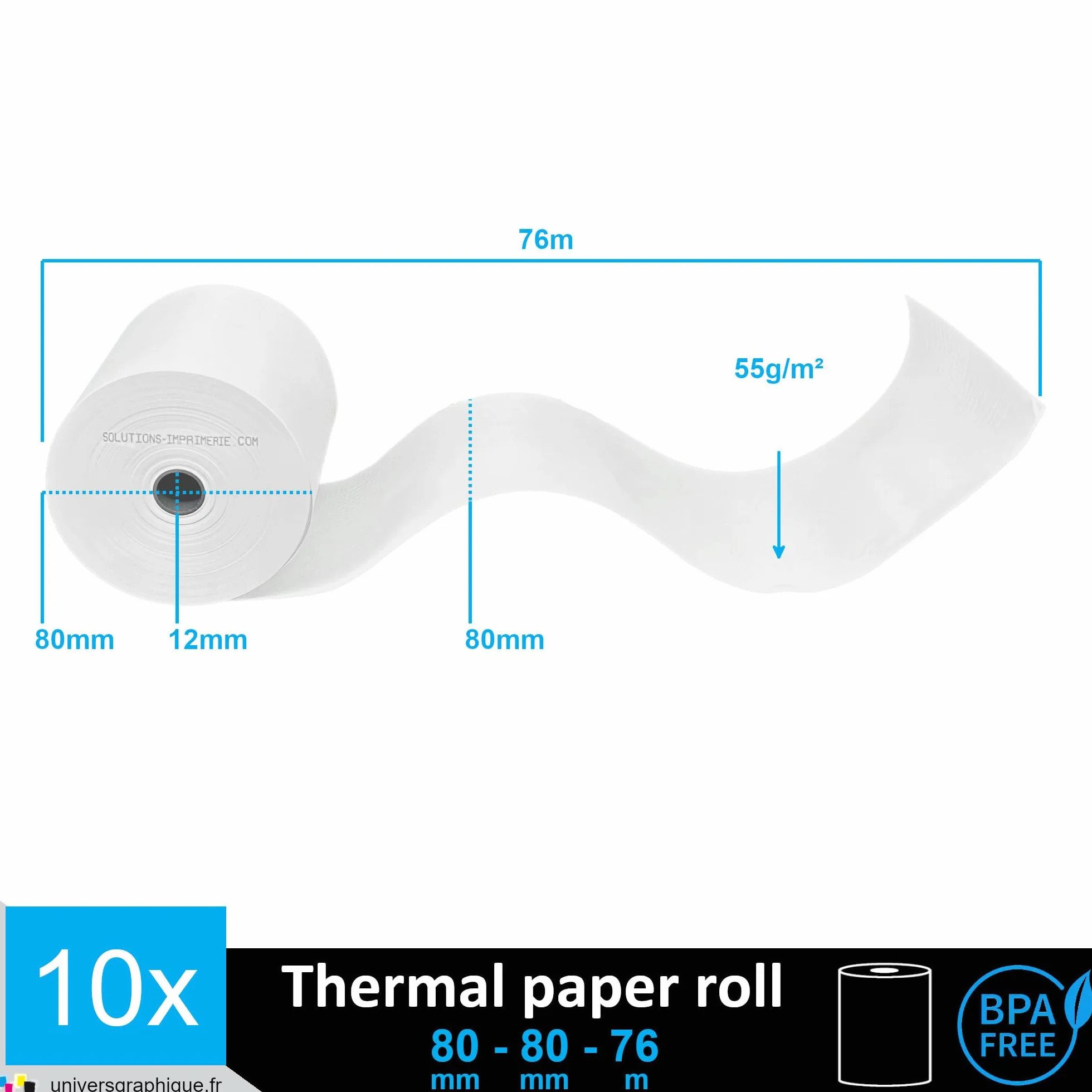 Bobine Papier Thermique SANS BISPHÉNOL 80 x 80 x 12 mm pour Ticket de Caisse Imprimante Thermique