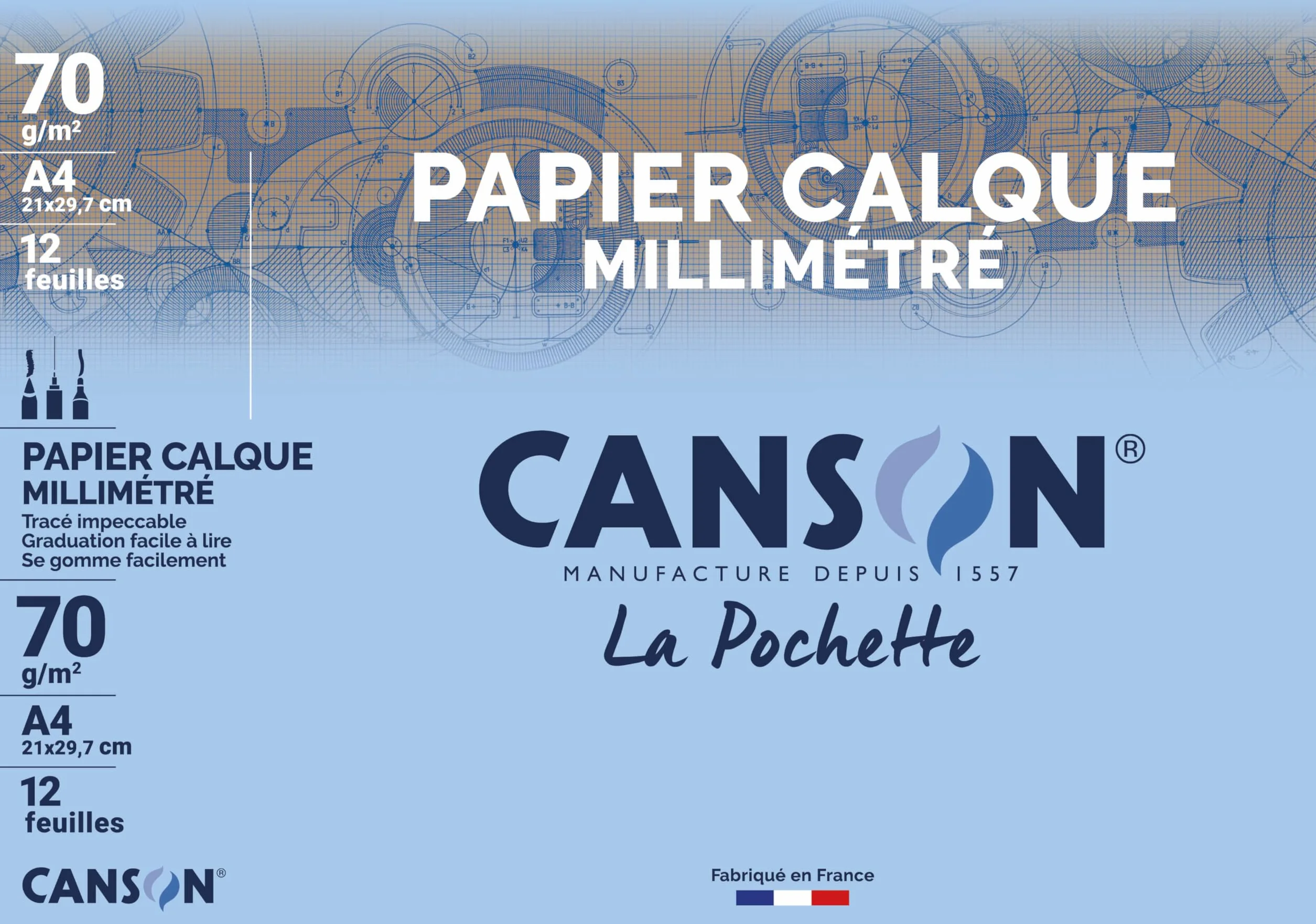 CANSON Papier Calque Millimétré Bistre A4 70g/m² Pochette 12 Feuilles