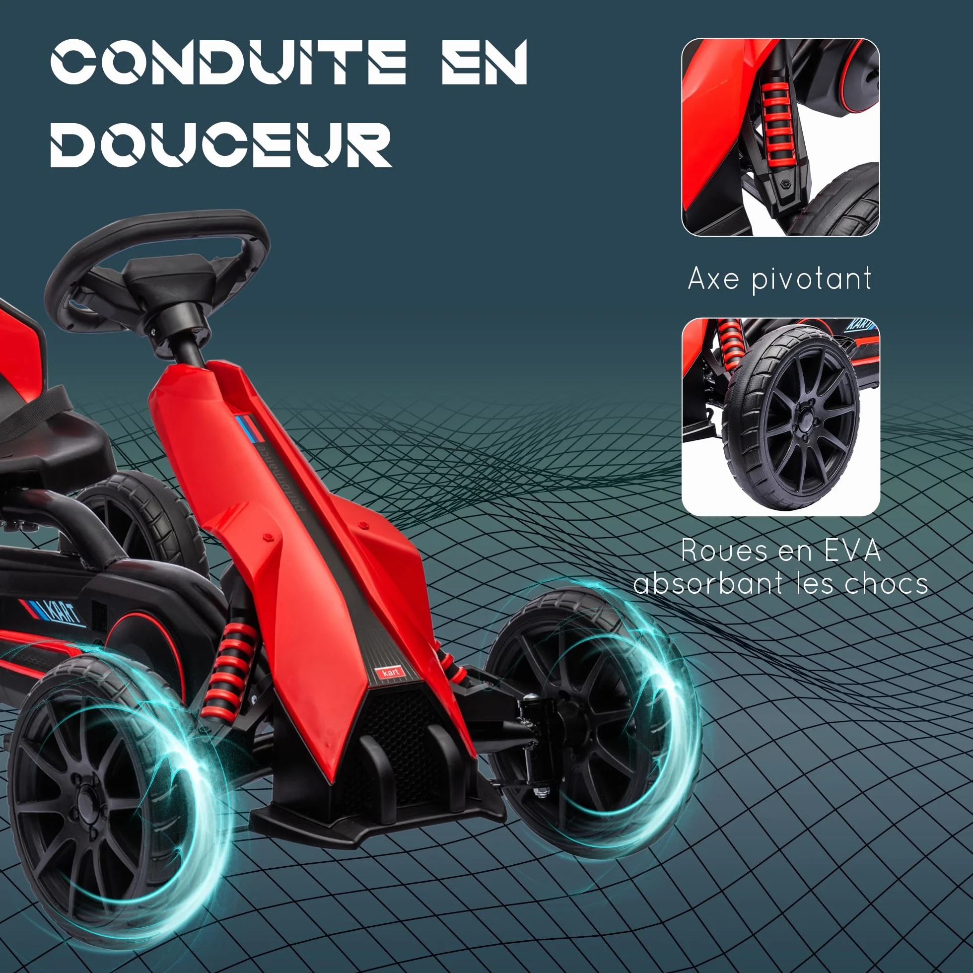 HOMCOM Kart à pédales pour Enfants, siège Ajustable 4 Positions, Roues EVA Silencieux, 100x58x58,5 cm, Rouge et Noir