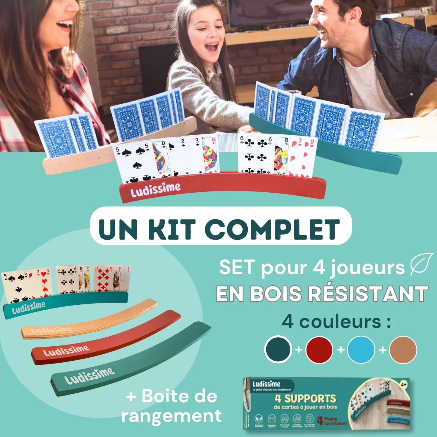 Porte cartes à jouer en bois 34 cm Lot de 4 - Accessoire belote tarot mains libres