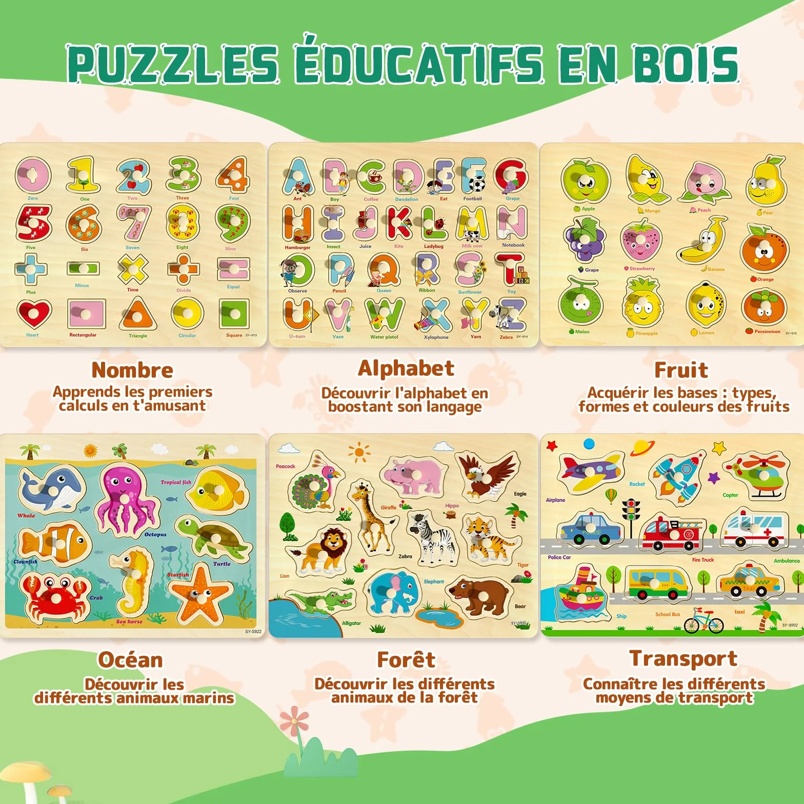 Puzzle Bois Enfant 2-4 Ans 6 Pièces Puzzle Animaux Montessori Jouet Educatif