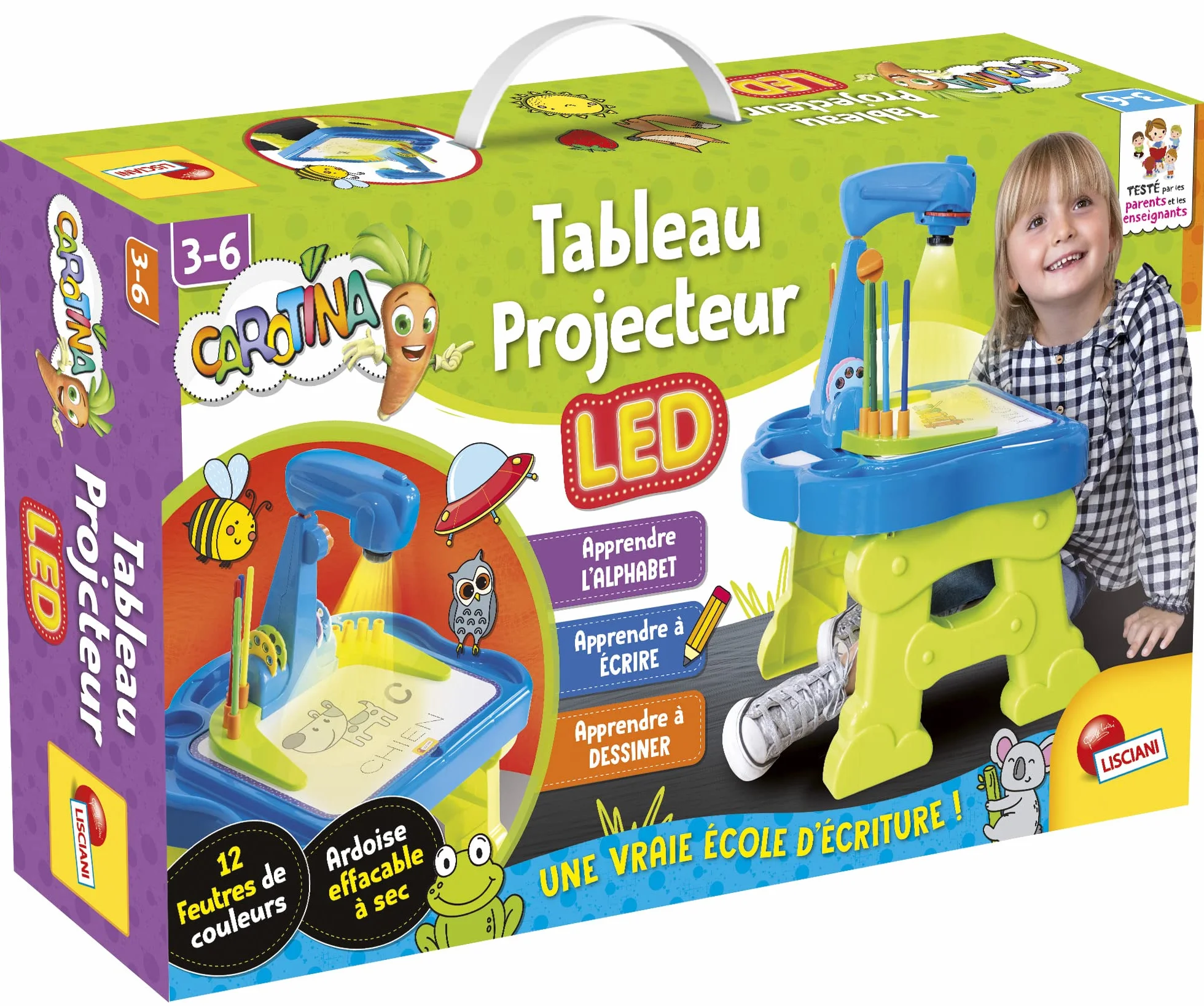 Lisciani CAROTINA Tableau Projecteur LED Enfants 3 Ans Jeux Educatifs Apprendre Alphabet Ecrire Dessiner Feutres Fiches