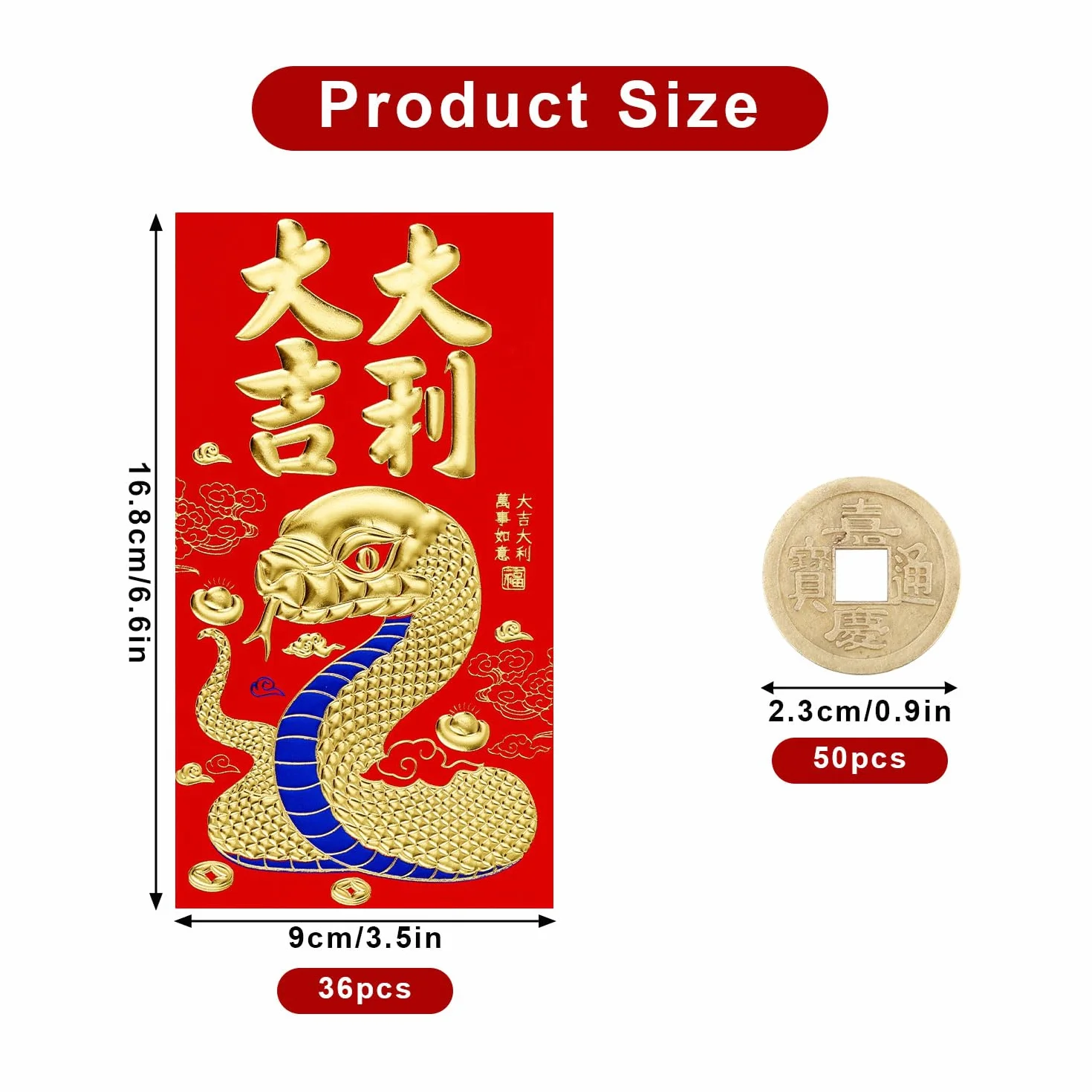 Enveloppes Rouges du Nouvel An Chinois 2025 Serpent Hong Bao 16,8x9cm 36pcs avec 50pcs Monnaie Feng Shui 6 Motifs Relief Dorés