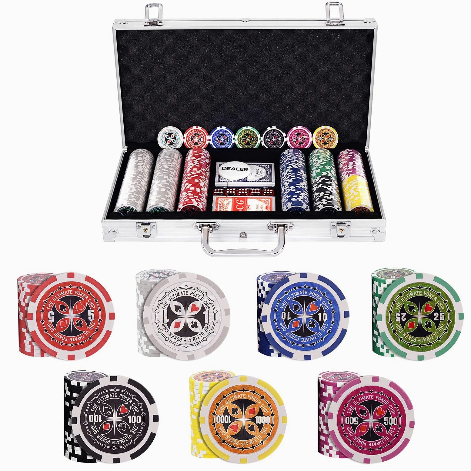 RELAX4LIFE Mallette de Poker 300 Jetons avec Adhésifs Brillants à Laser, Poids Jeton 11,5g, Jeu Complet avec 2 Jeux de Cartes, 1 Boutons Dealer, 5 Dés Rouges, Mallette Noir/Argenté (Argent)