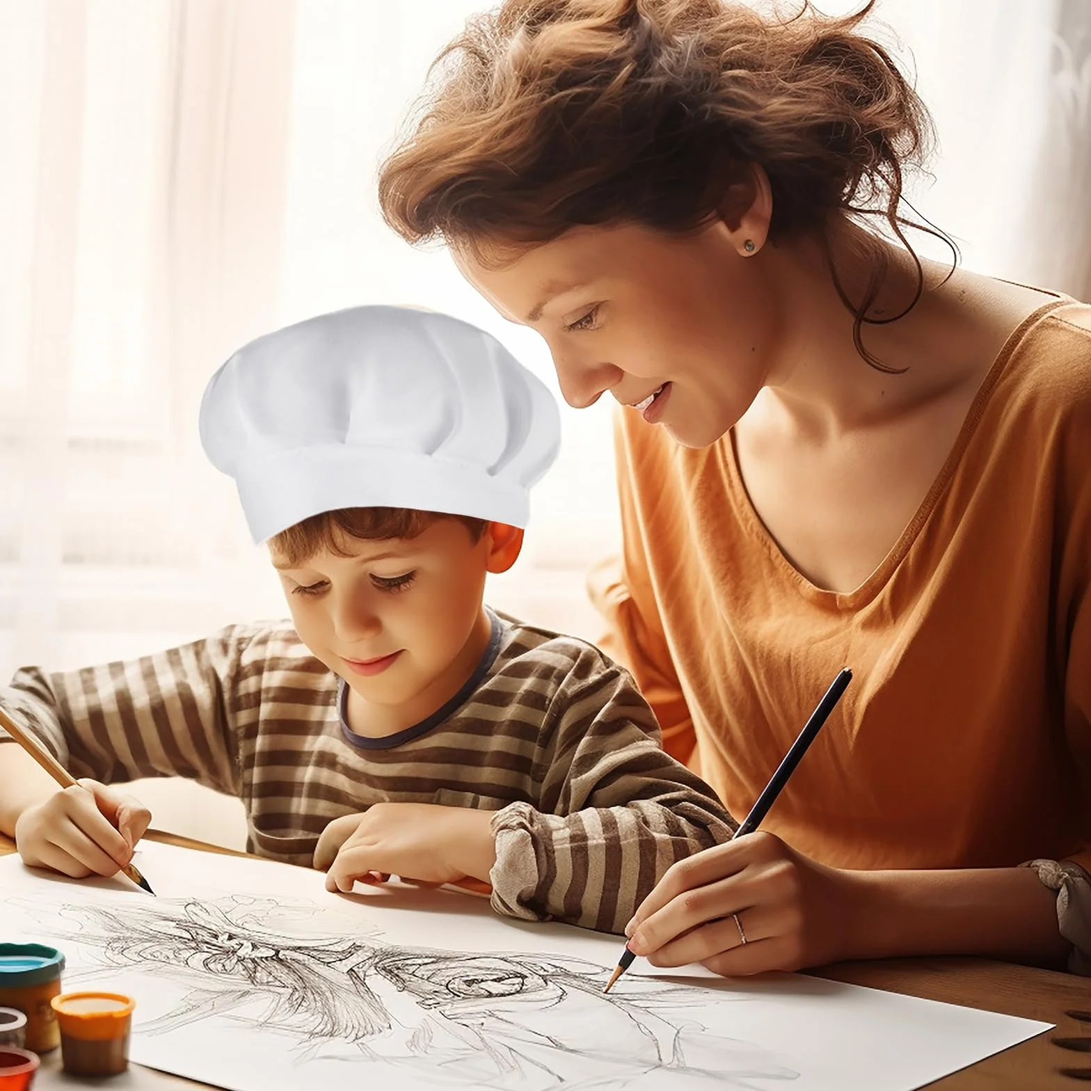 Lot de 2 toques de chef enfants en coton blanc réglables accessoires cuisine
