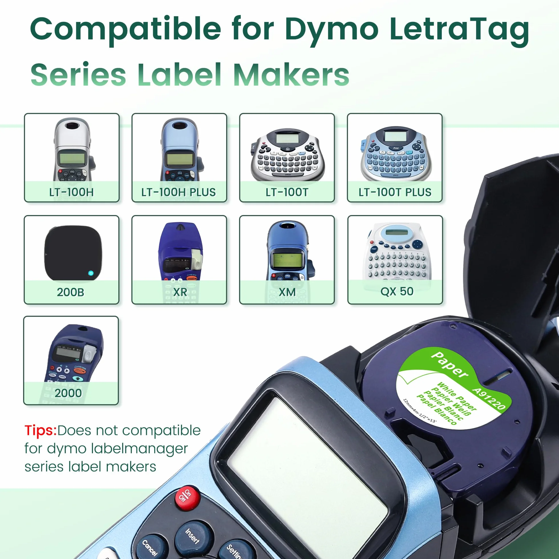 Ruban Papier Recharge Compatible Dymo LetraTag 12mm x 4m Noir sur Blanc pour LT-100H LT-100T
