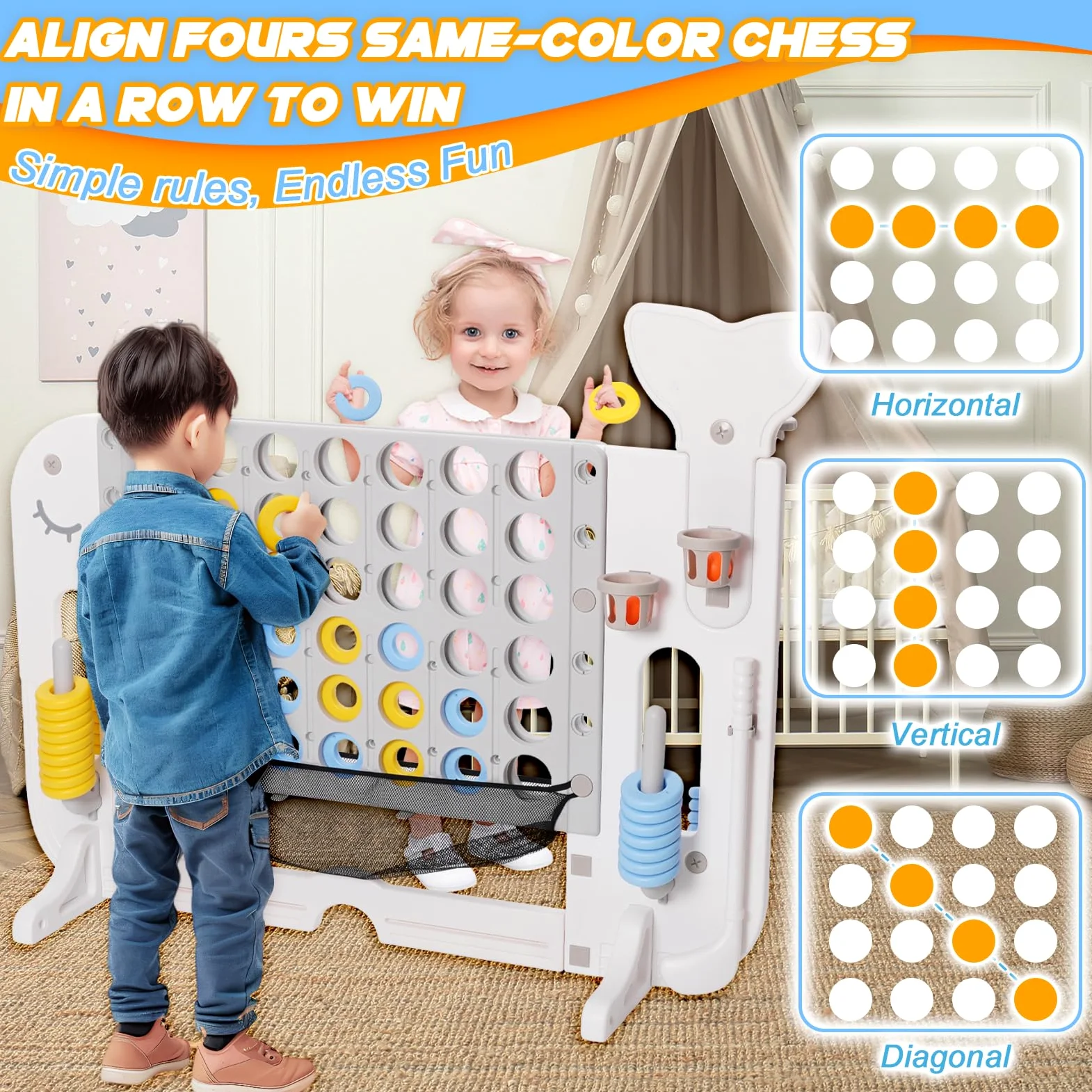 4 en 1Jeux Puissance 4 Géant Réglable Hauteur avec 42 Anneaux Géants 1 Filet,Jeu de Stratégie avec Porte-Anneaux et Levier de Réinitialisation,Jeu de Société pour Enfants et Adultes