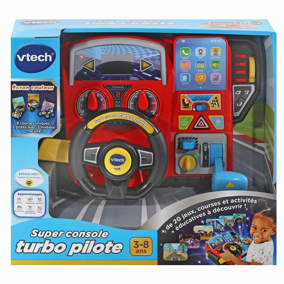 VTech Super Console Turbo Pilote Simulateur de Conduite Écran Couleur Tableau de Bord Courses Voitures Apprentissages Jeux Cadeau Enfant 3-8 Ans Français