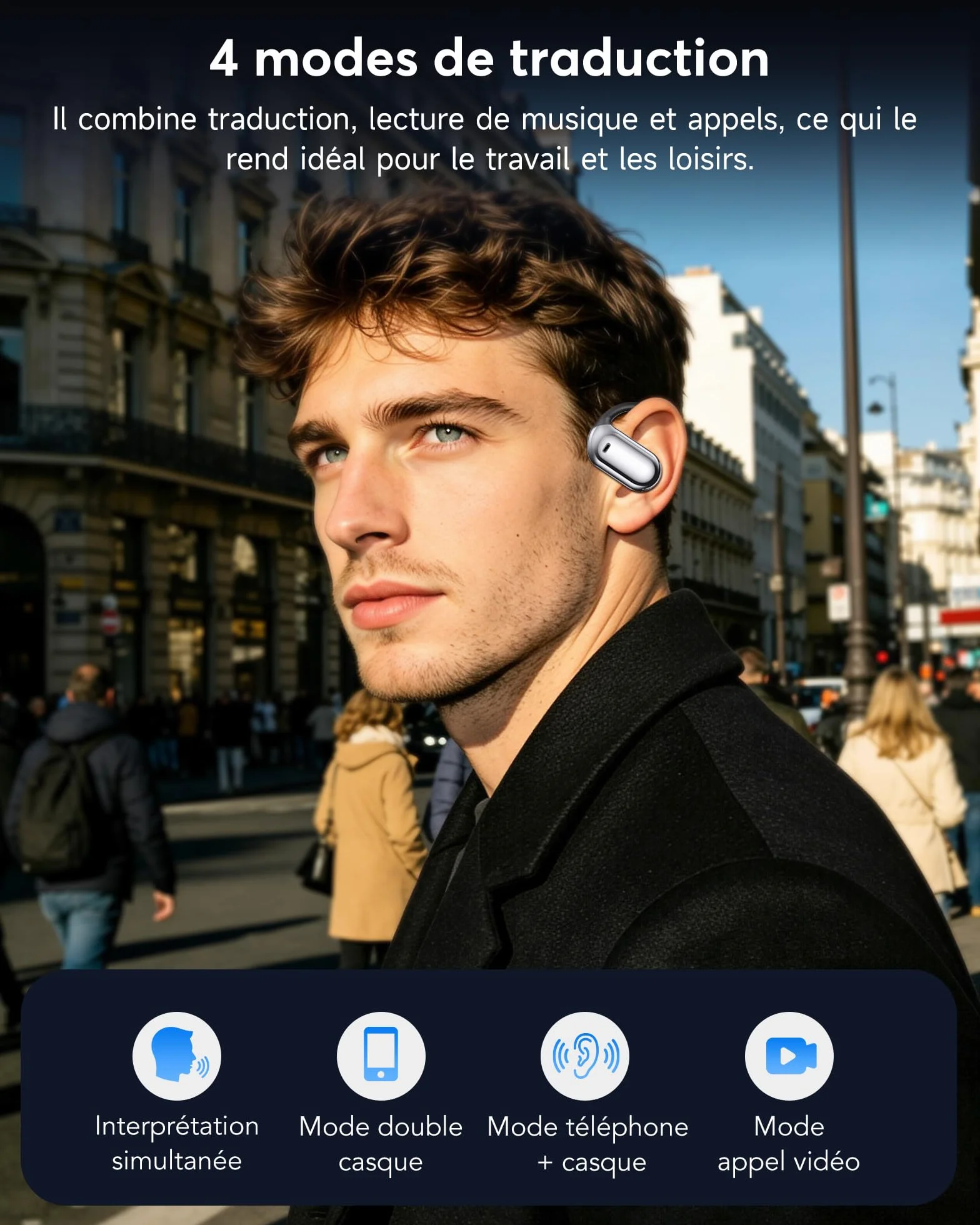 AI Ecouteur Traducteur Instantané Bluetooth 6.1, 3 en 1 198 Langues 8 Modes Traduction avec APP, 80H Oreillette Noir
