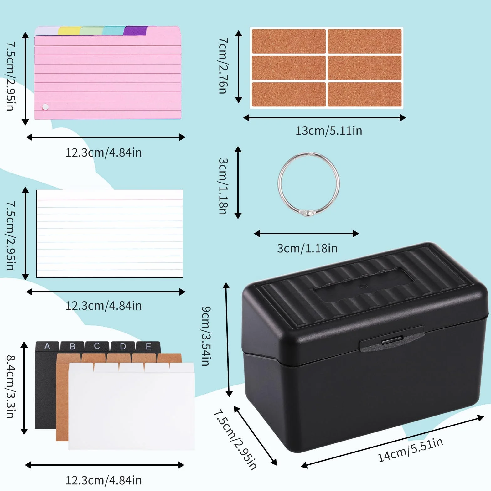 JIANTA Boîte d'index Fiche Bristol Couleur Lignées avec 255 Cartes, 15 Index Cards, 6 Anneaux