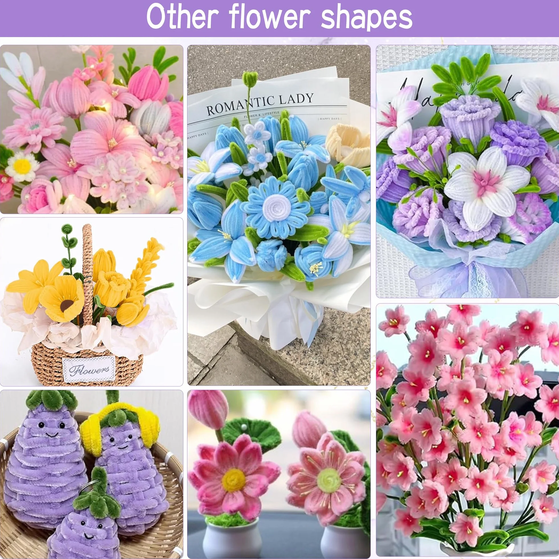 Kit Complet Fleurs en Fils Chenille 850 Cure-Pipes 15 Couleurs avec Étamines Artificiel pour Décoration DIY