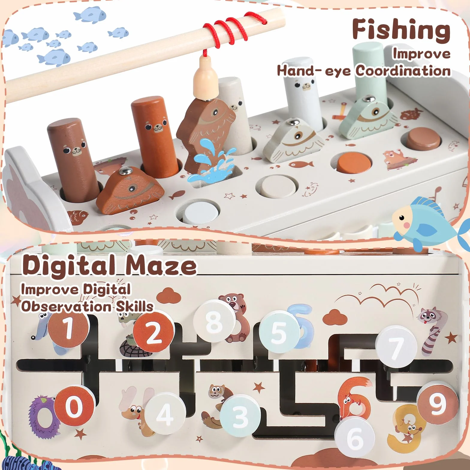 Jouet Montessori 1 an 4 en 1 Tape-Taupe Xylophone Bebe Pêche Labyrinthe Bois Educatif