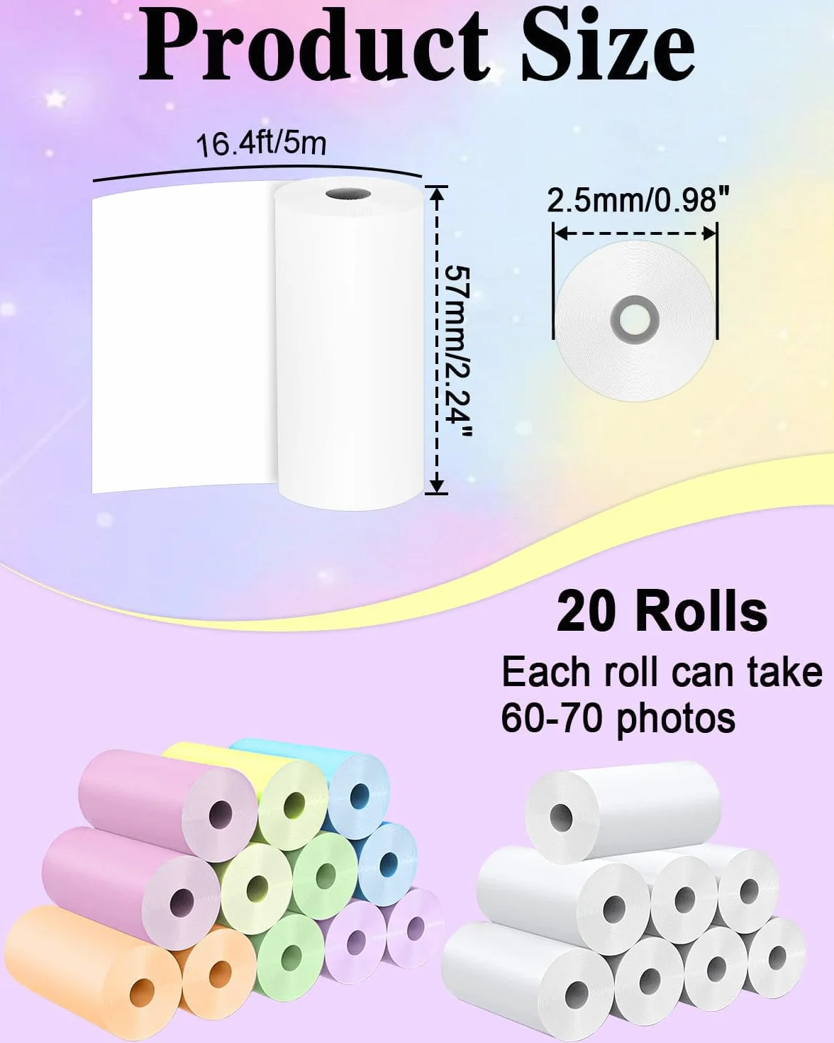 Lot de 20 rouleaux papier d'impression instantané Kidizoom HD 2,5 x 5,7 cm sans BPA