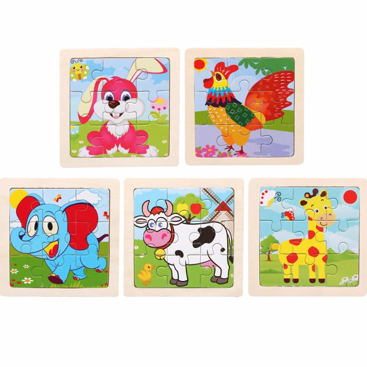 Puzzle en Bois Éducatif Animaux Cartoon 5 Pièces pour Garçon et Filles