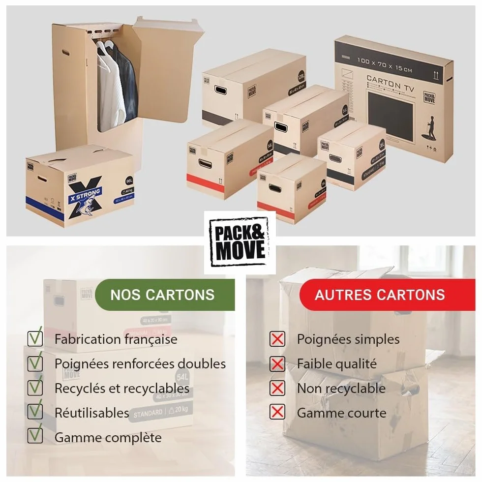 Cartons déménagement stockage XL 80 x 40 x 40 cm Poignées renforcées Lot 10