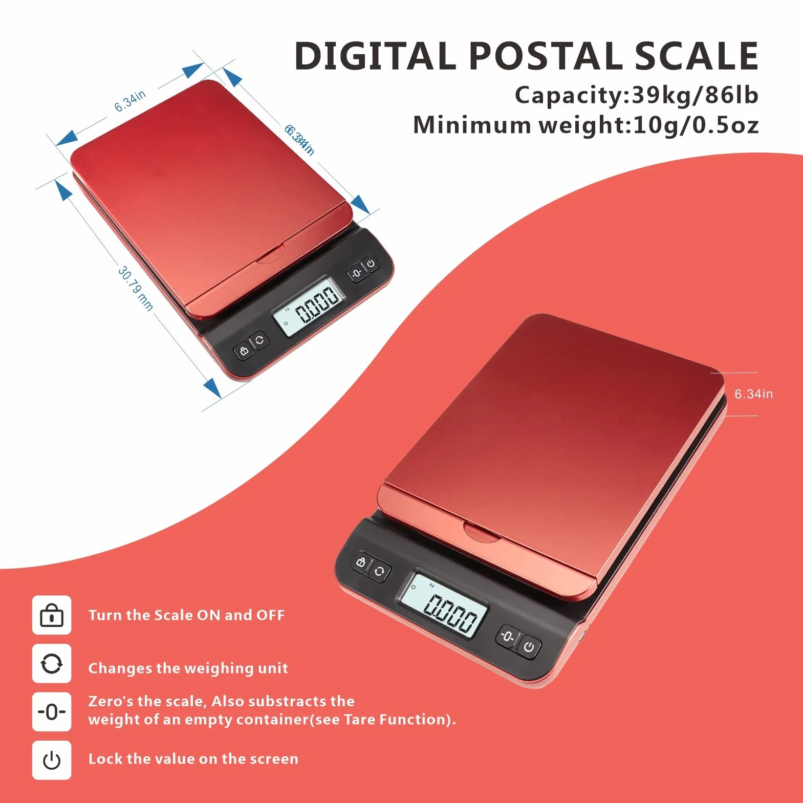 UNIWEIGH Balance postale 39kg/86lb Pèse colis avec tare USB Rouge