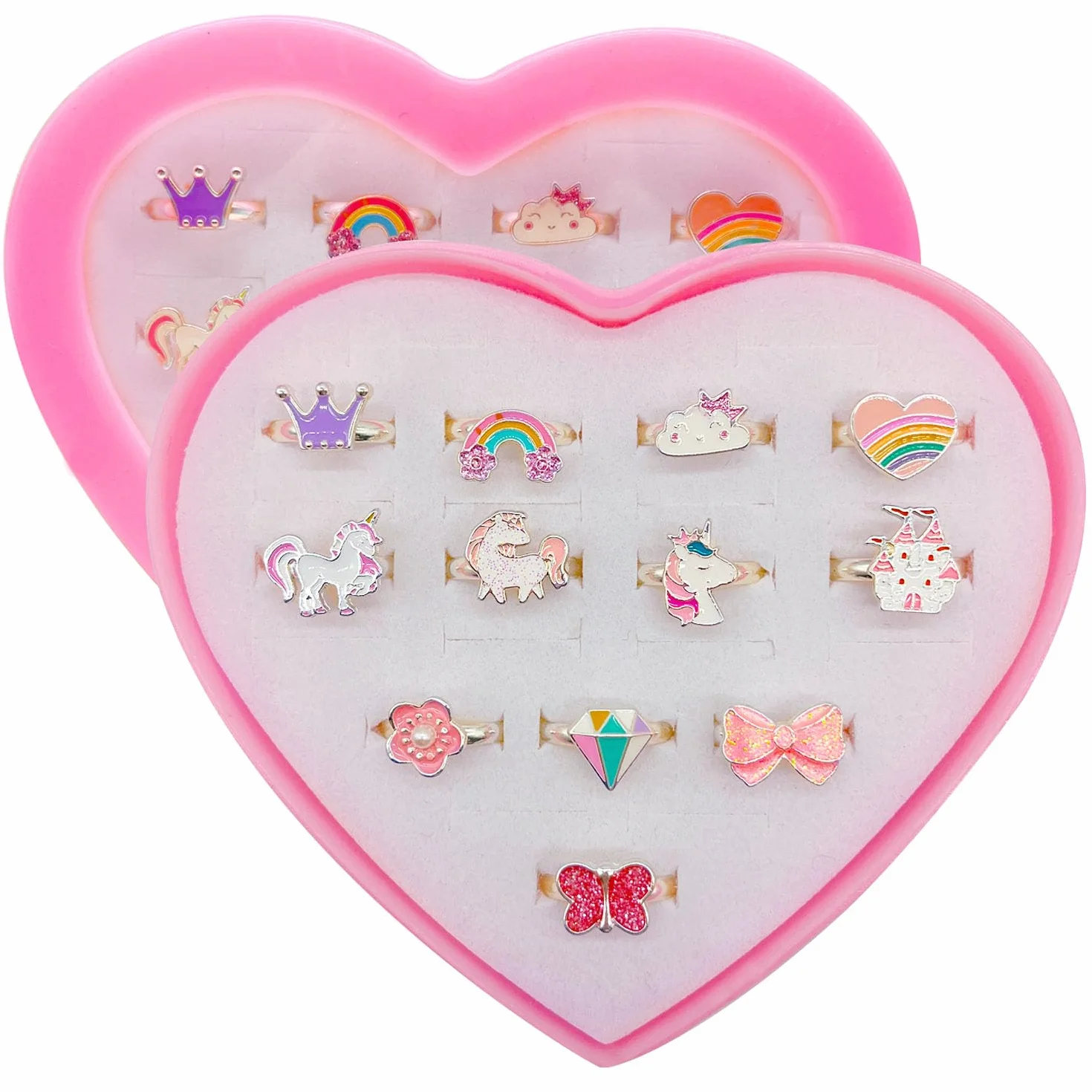 Bagues Enfants Filles Licorne Princesse Anneaux Réglables avec Boîte Coeur 12 Pièces