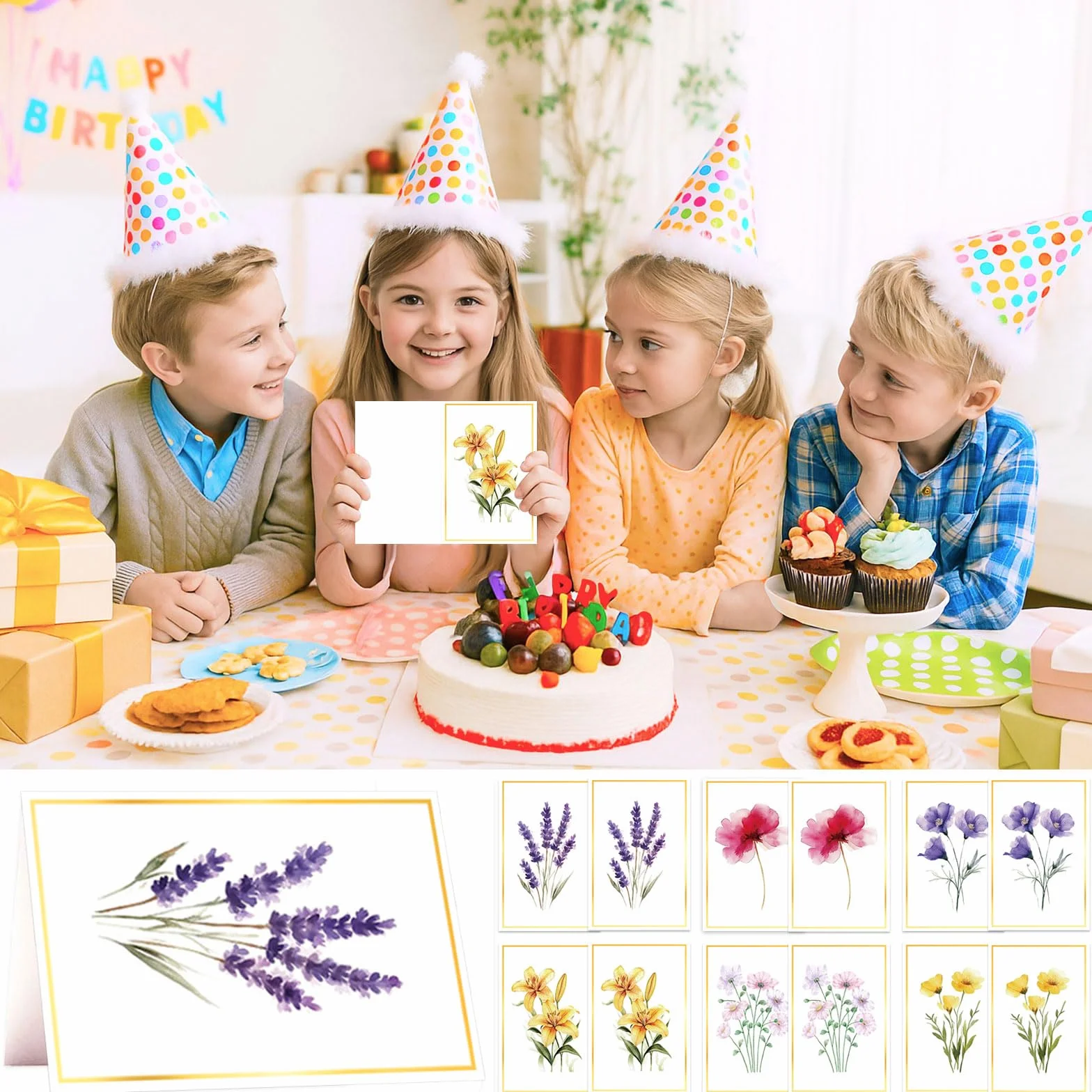 Cartes Voeux d'Anniversaire Fleuri avec Enveloppe Lot de 12