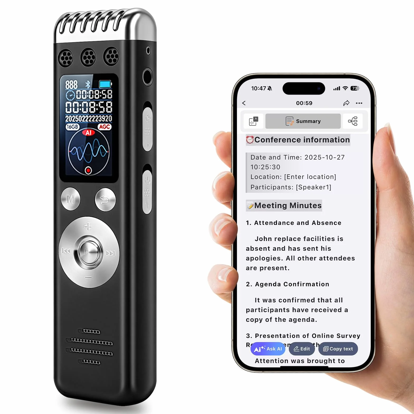 Enregistreur Vocal AI 64GB Professionnel Portable avec Transcription et Résumé, 256 Langues, Contrôle par Application