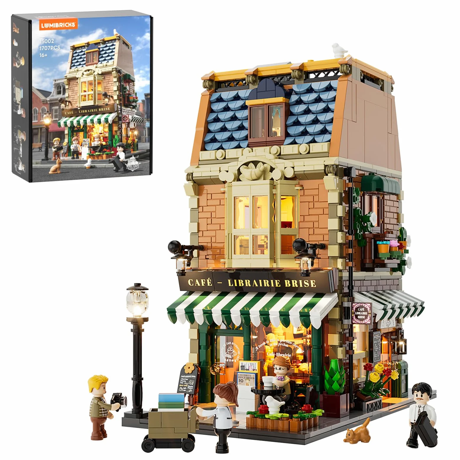 Lumibricks Ensemble de blocs de construction Café-Livraire, modèle de cafétéria avec éclairage LED, kit de construction modulaire pour adultes et adolescents, 1718 pièces