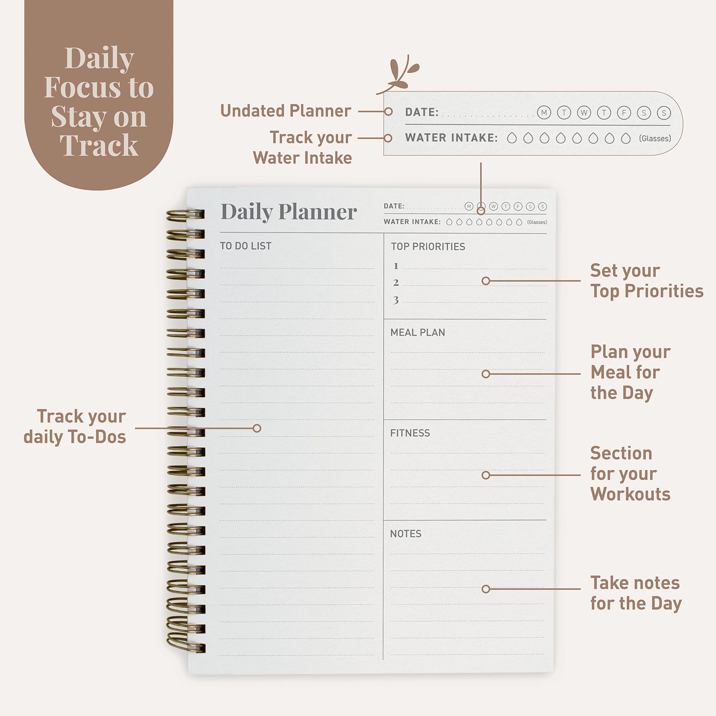 Agenda Pour Femme Daily Planner A5 160 Pages Non Datées Journal Fitness Planification Repas 20 cm x 15 cm