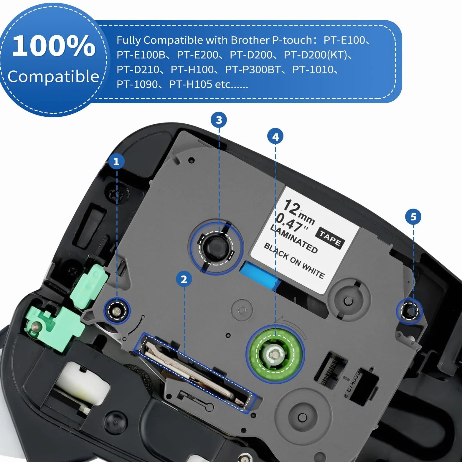 Brother TZe-231 Ruban Compatible 12mm Noir sur Blanc Laminé Cassette Etiqueteuse