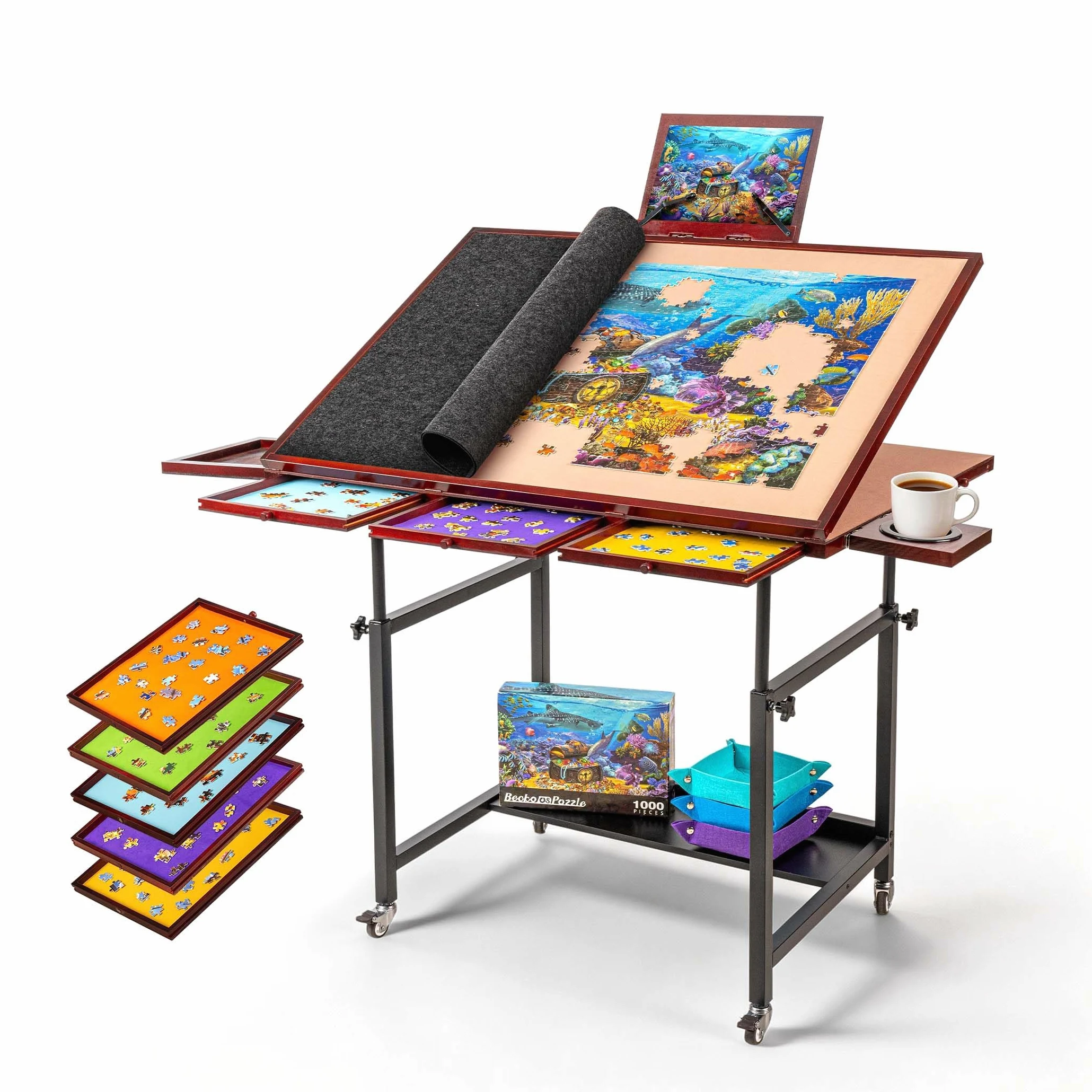 Table puzzle de 1500 pièces avec 5 tiroirs et couvercle, plateau puzzle inclinable sur roulettes, 3 angles d'inclinaison et réglage de la hauteur, porte-gobelet et support pour boîte à