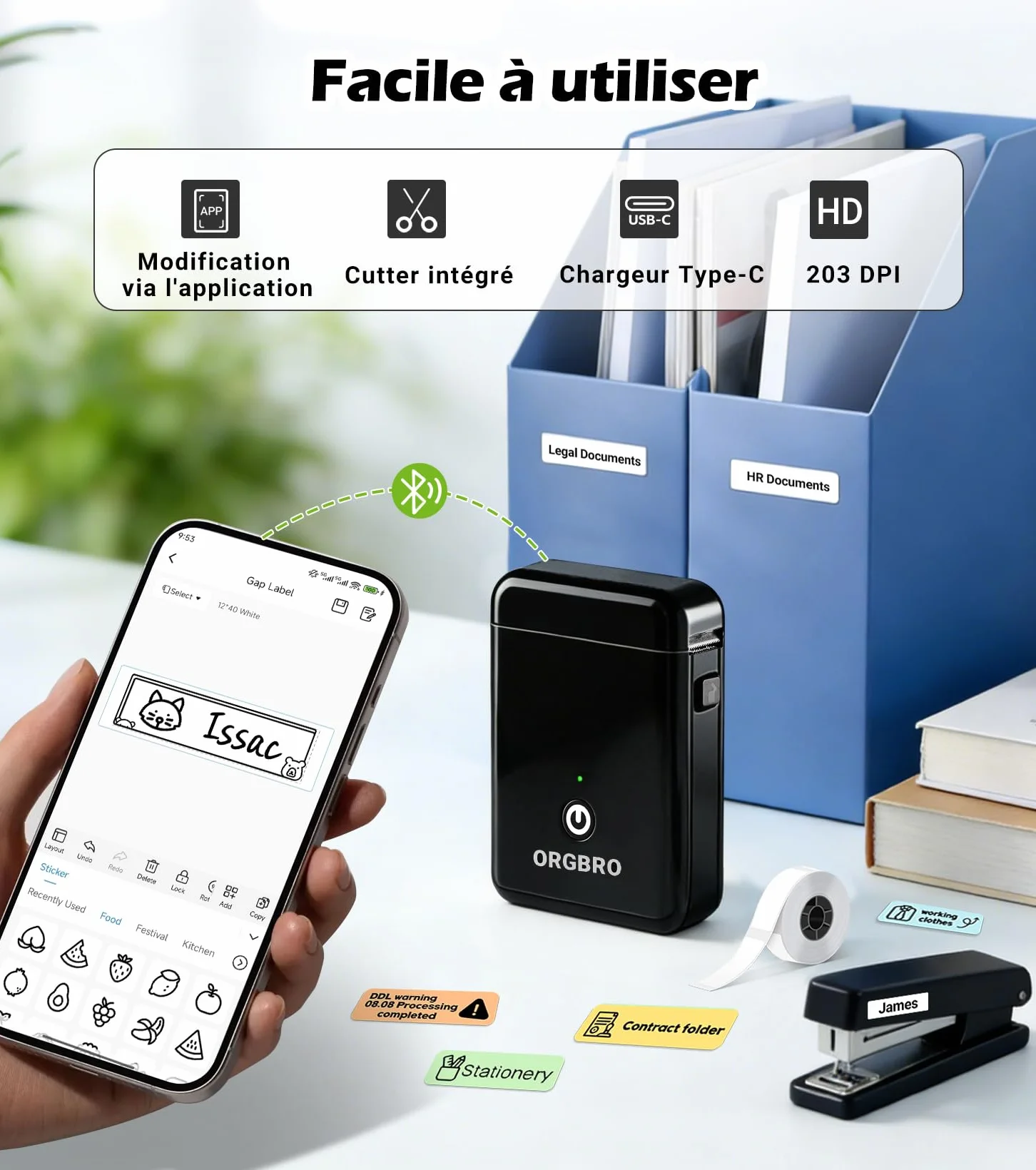 ORGBRO X1 Étiqueteuse Bluetooth Portable pour Maison Bureau École, Noir