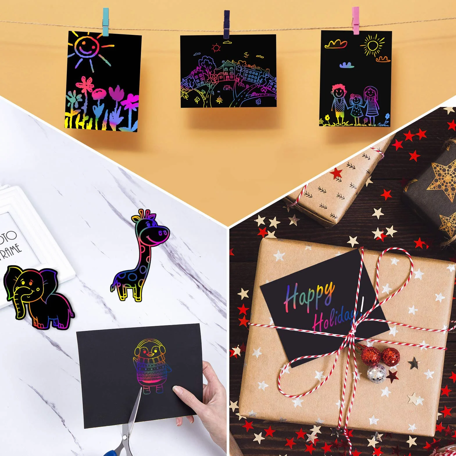 MELLIEX Dessin Gratter Enfants 2 Packs Scratch Art Livres Coloriage Papier Noir 4 Règles Gabarit 4 Stylets Bois