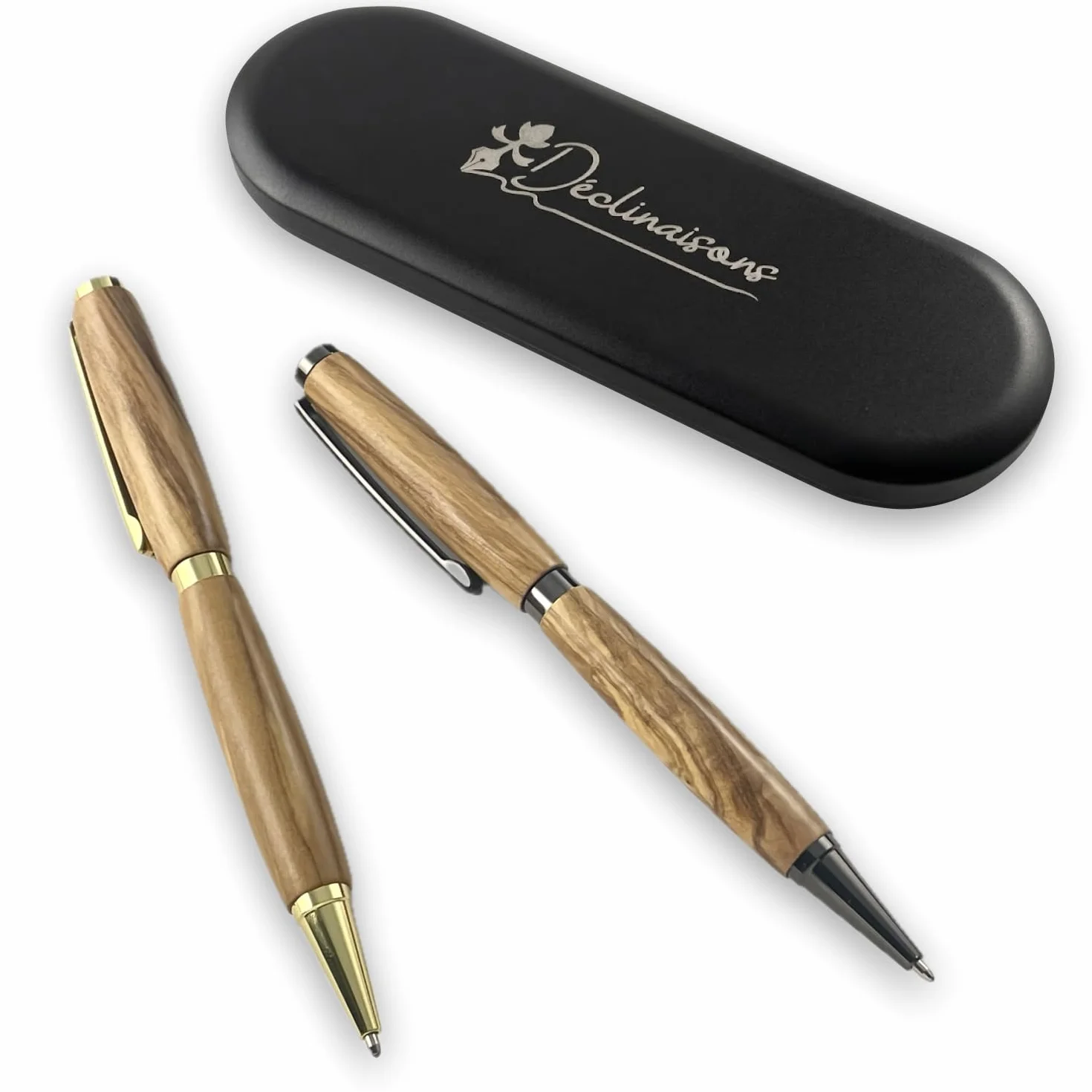 Parure 2 Stylos Bois Olivier d’Italie Fabriqué à la Main en France Cadeau Stylo Personnalisé Gravure Boite Métal