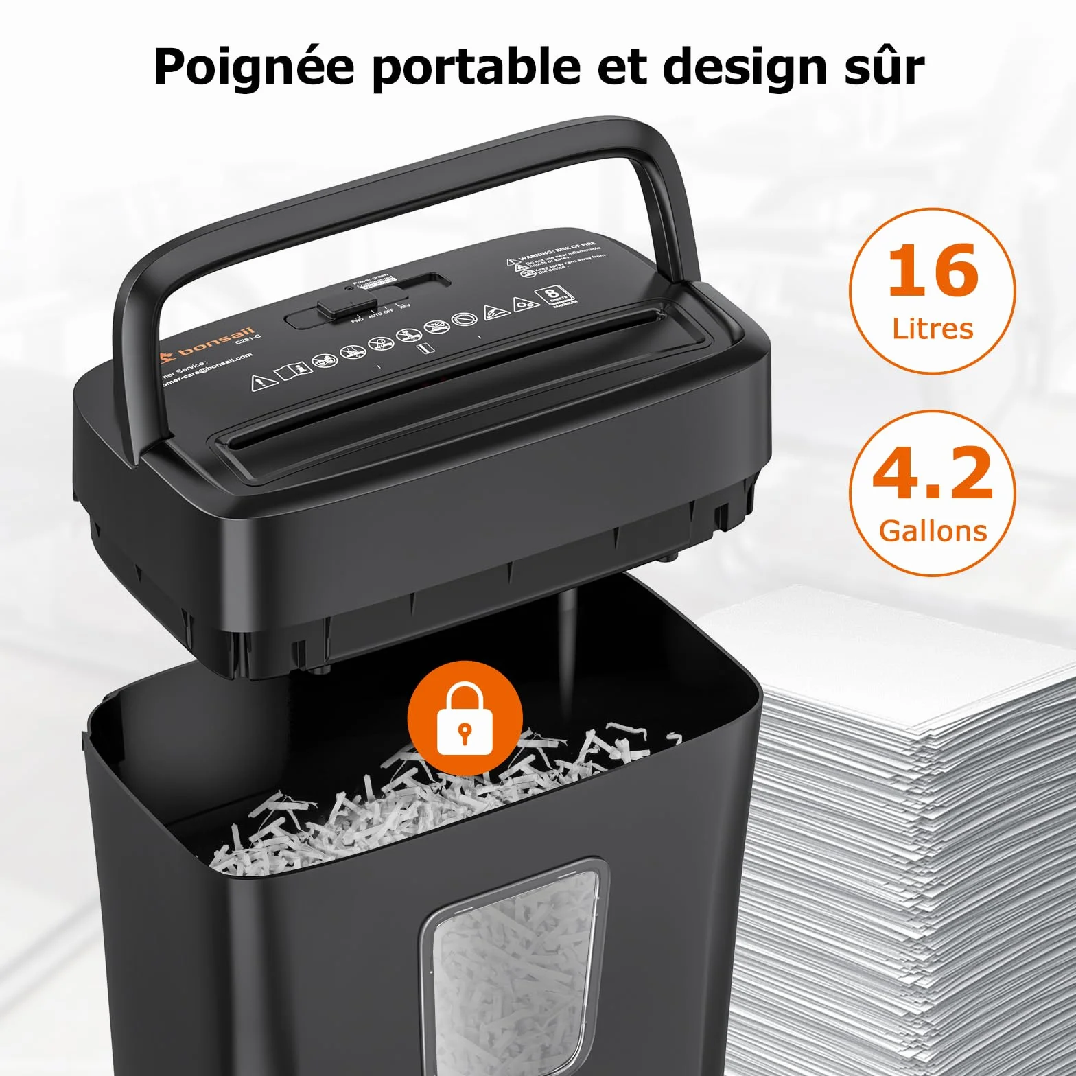 Bonsaii Destructeur de Documents 8 Feuilles, Broyeur Papier Sécurité P-4 Coupe Croisée, Corbeille 16L, Déchiqueteuse Électrique Compacte C261-C
