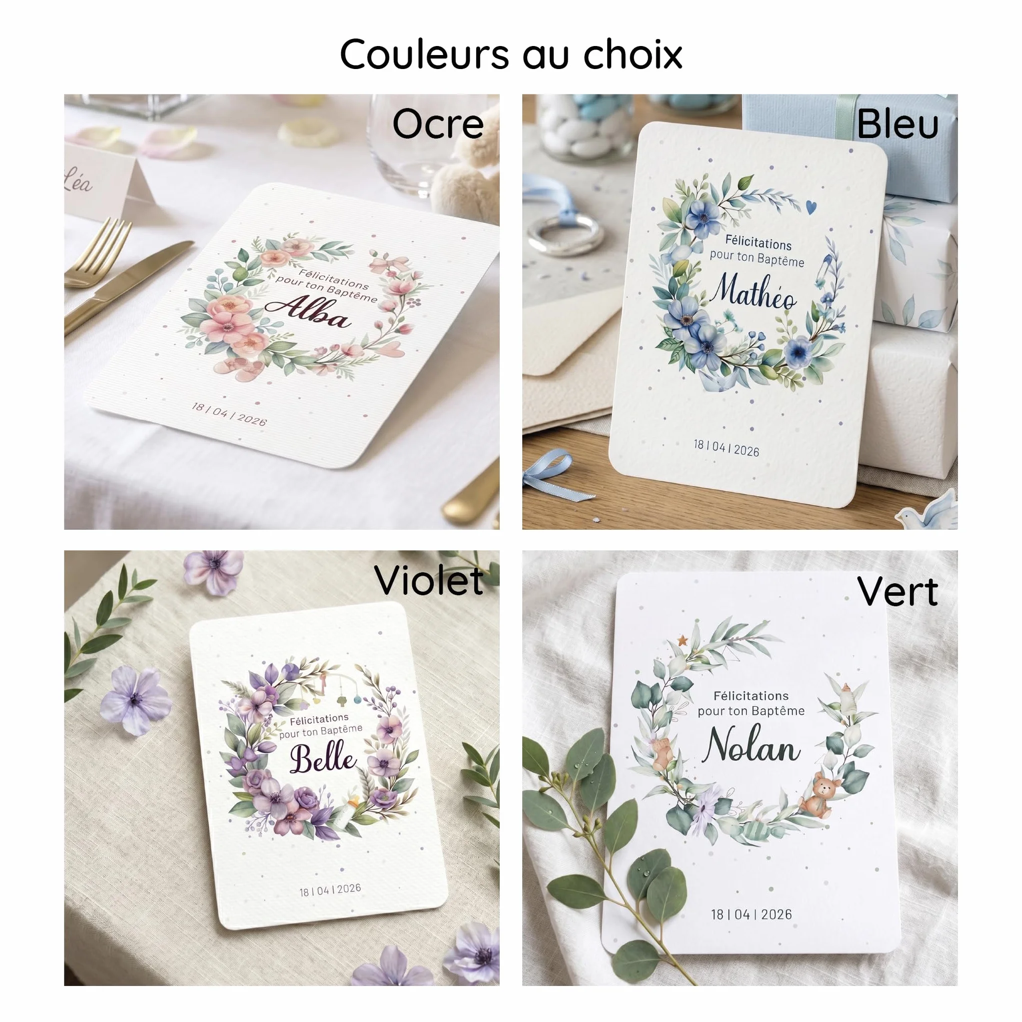 Carte félicitations baptême personnalisée, couronne fleurs, prénom, date, texte personnalisable, thème bleu garçon