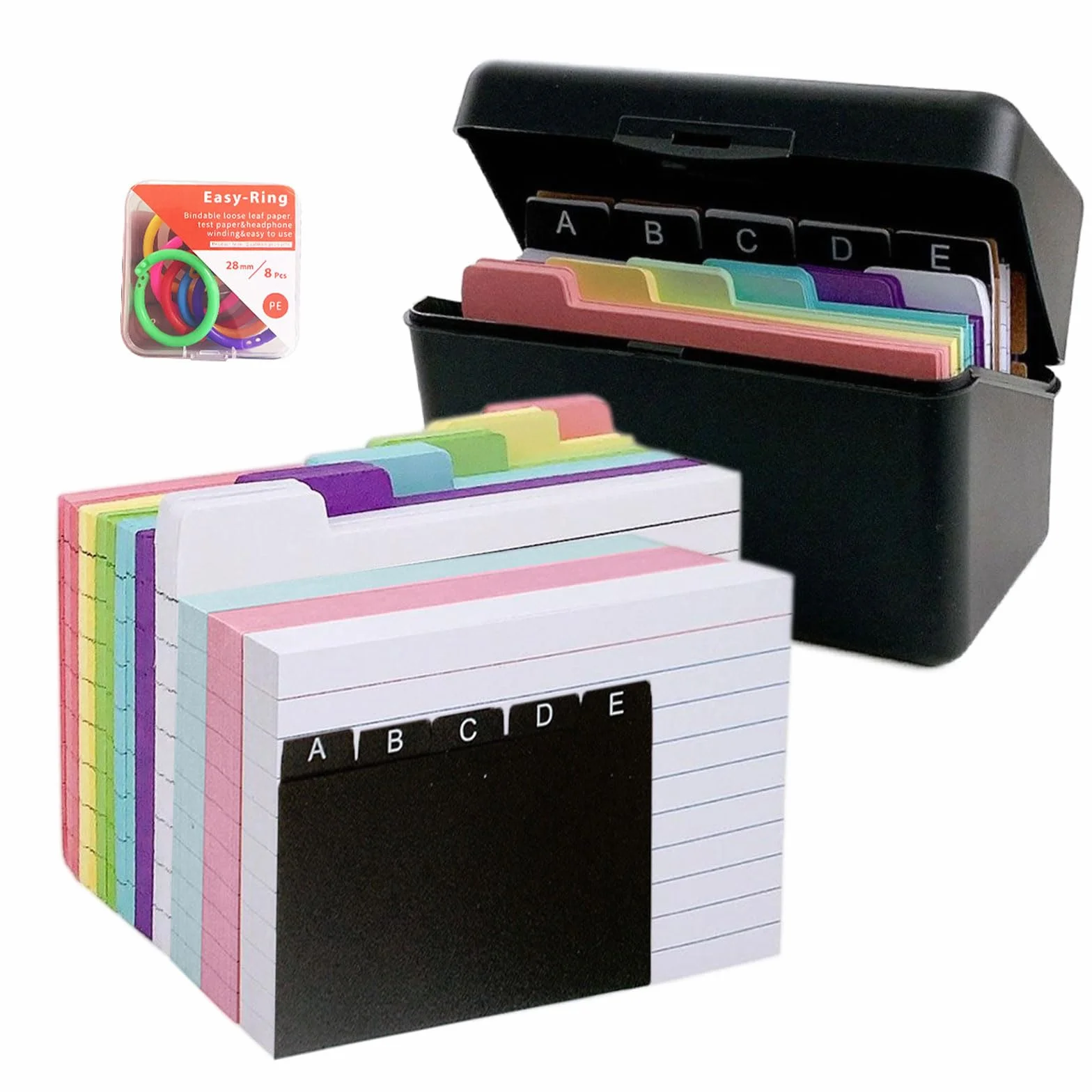 Fiche Bristol Flash Cards 150 Fiche de Revision +150 Doublures Colorées +8 Anneaux de Livre Boîte Index A7 Noir