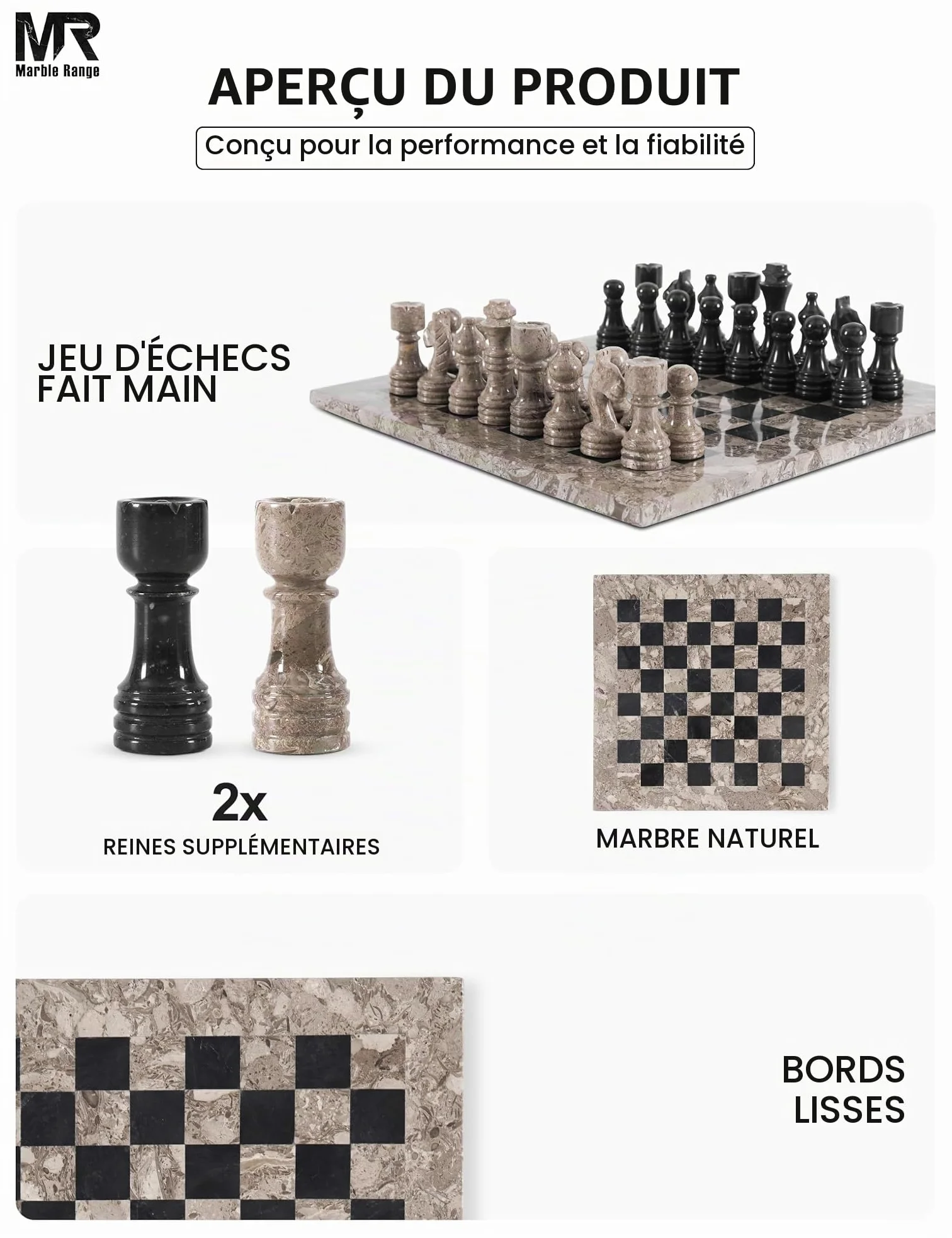 MARBLE RANGE Jeu d'échecs en marbre oceánico y Negro Fait Main de 30 cm avec boîte, pièces et 2 Dames. Élégant Jeu de Voyage pour Adultes, idéal comme Cadeau ou décoration d'intérieur