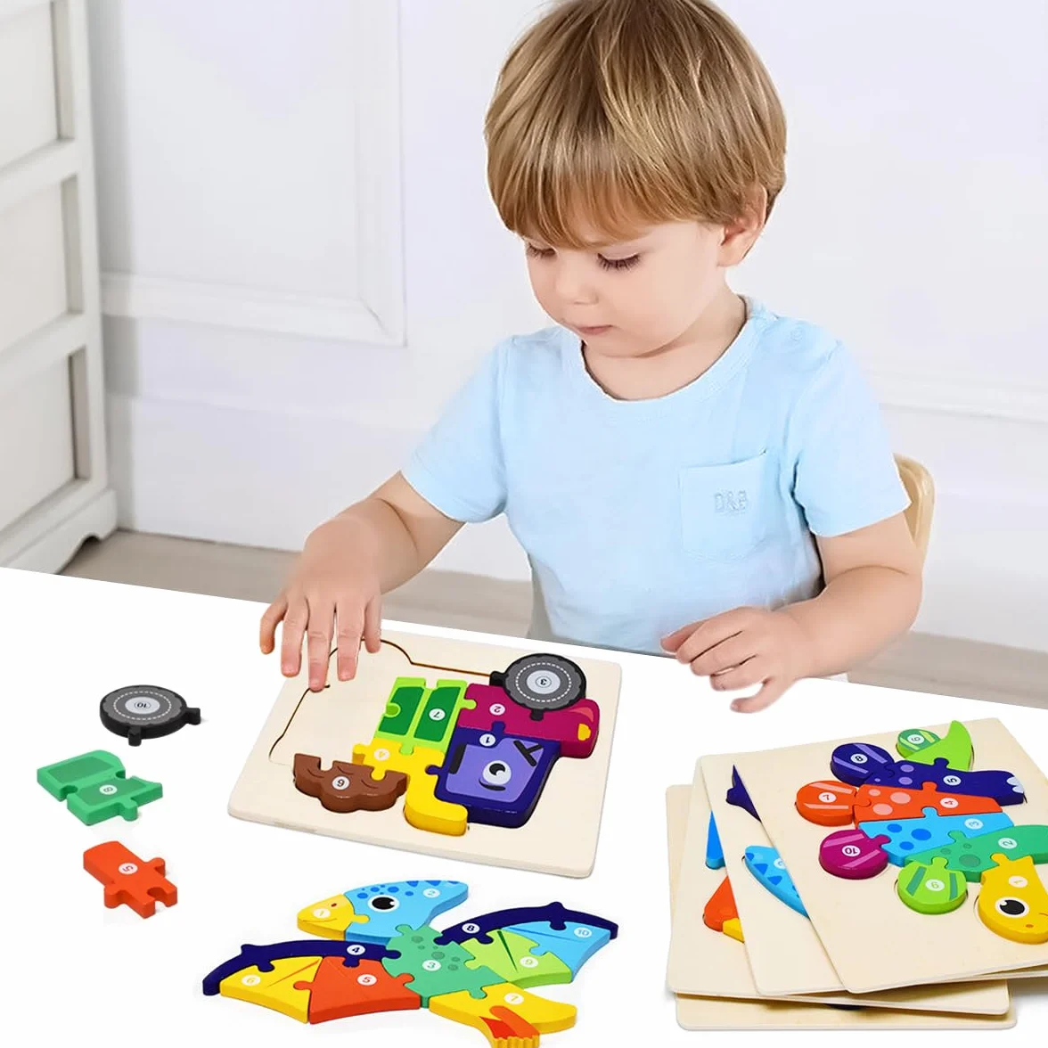 Puzzles en bois Montessori pour enfants 2-4 ans, 4 pièces, cadeau garçons filles dinosaure bateau