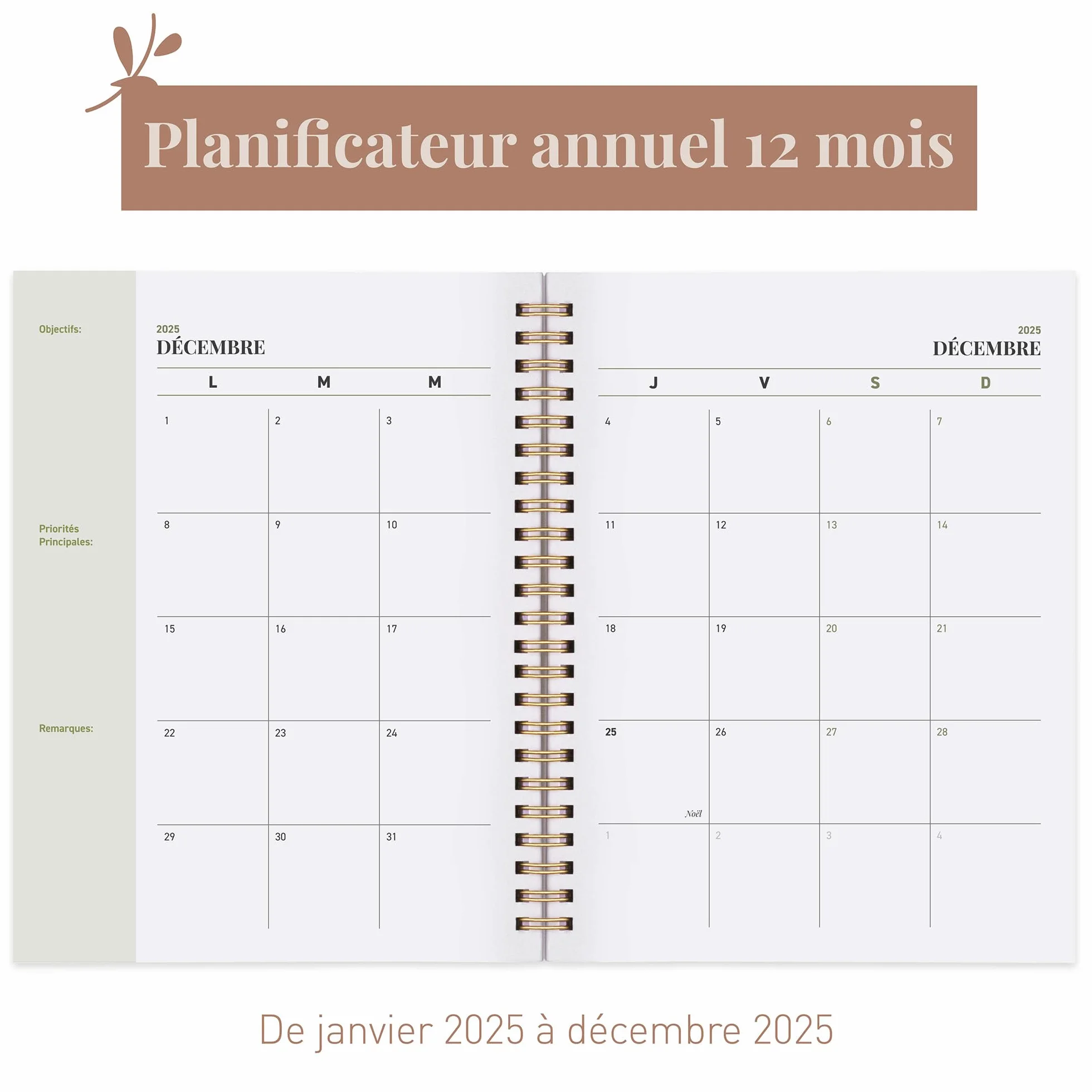 Rileys & Co Planificateur Mensuel et Hebdomadaire, Couverture Flexible, Reliure à Double Spirale, Pages de Notes, Calendrier Vert