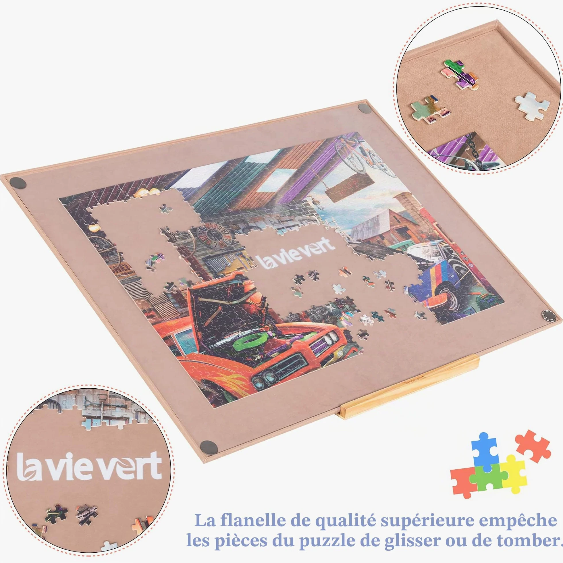 LAVIEVERT Planche de puzzle en bois avec housse anti-poussière – Tapis portable pour rangement de puzzle – Surface antidérapante – Capacité jusqu'à 1500 pièces – Kaki