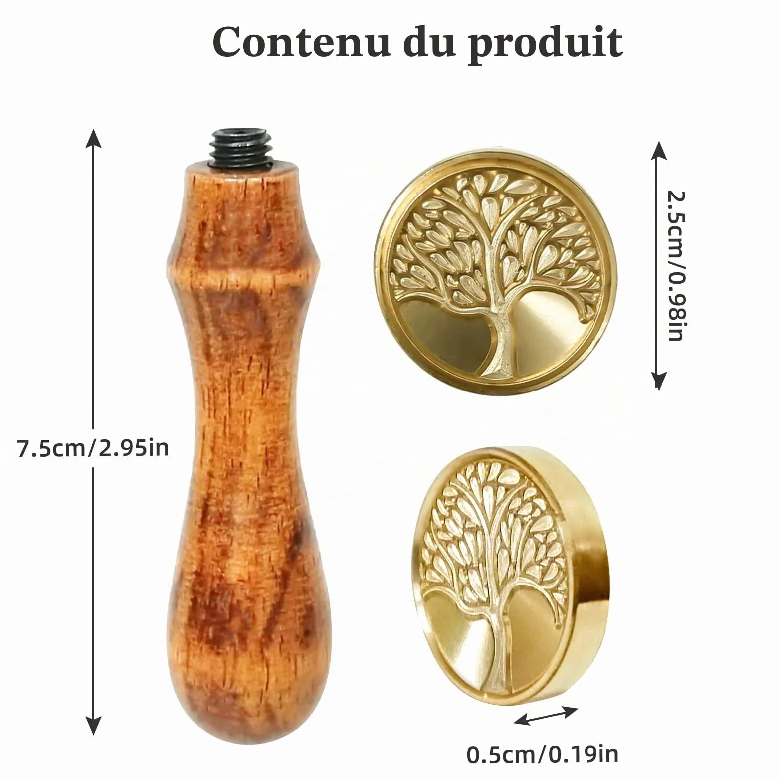 Cachet de cire en forme d'arbre de vie cœur, sceau rétro avec poignée bois et cachet laiton amovible
