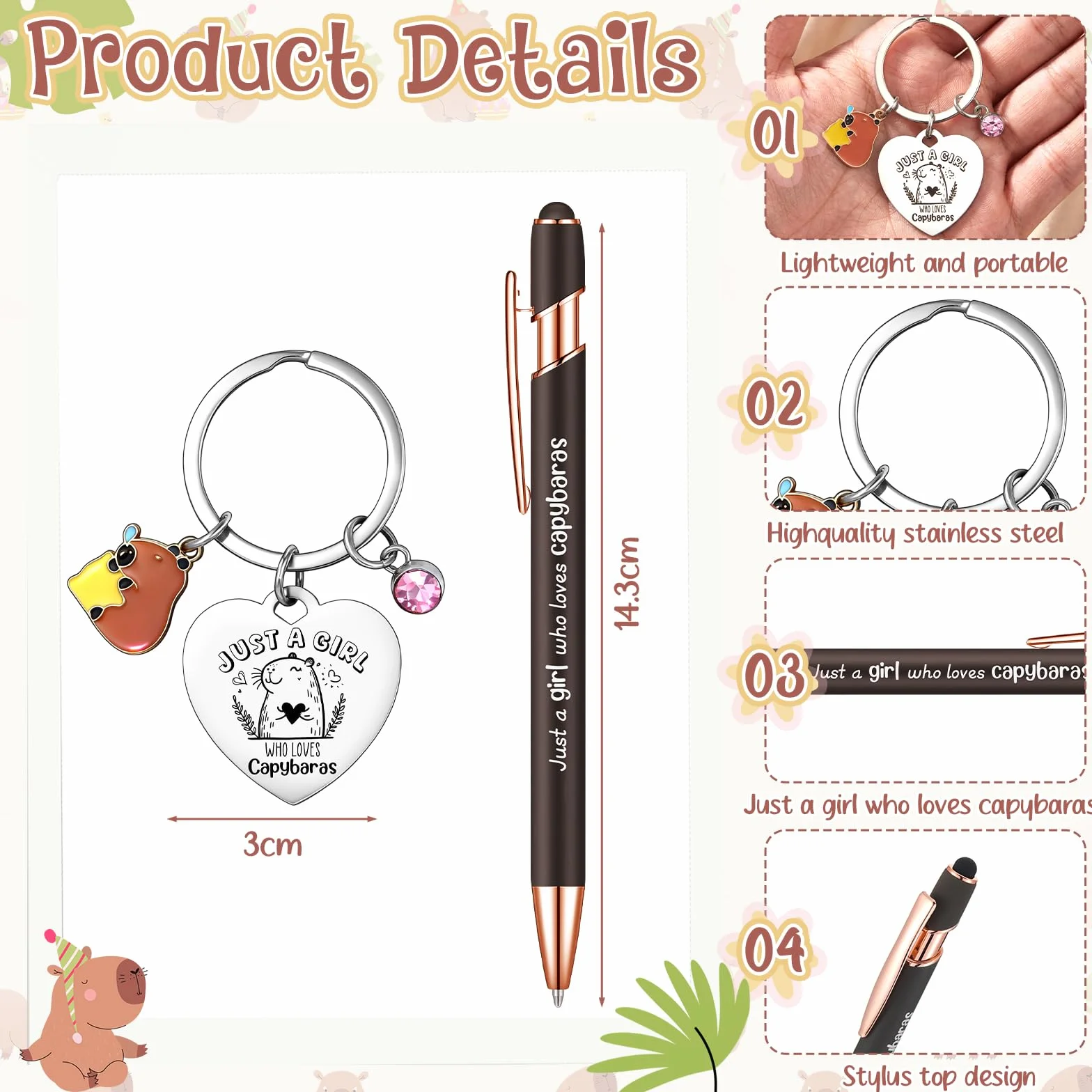 BBTO 3 Pièces Set Cadeau Capybara Bloc Notes Porte Clés Stylo à Bille