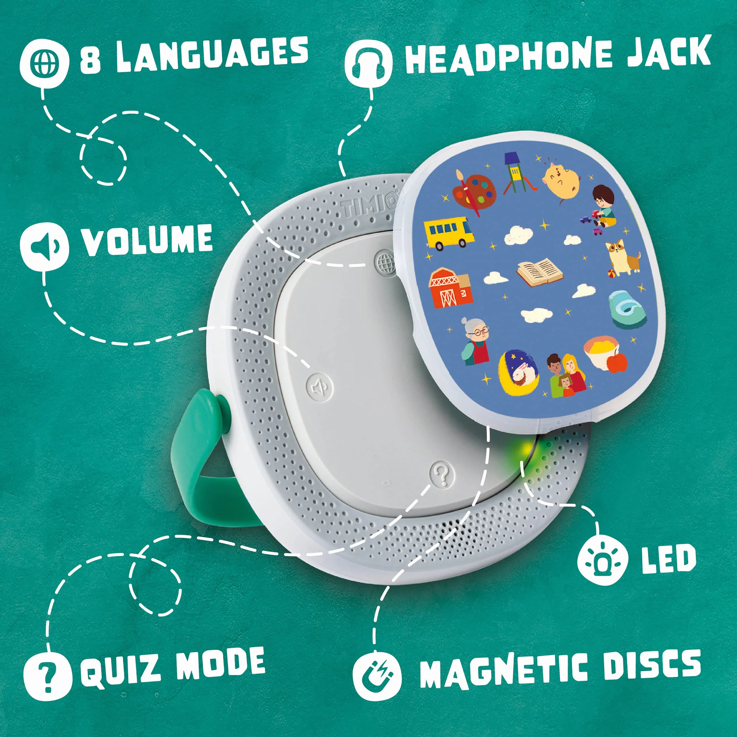 TIMIO Player + 5 Disques Jouet interactif Contes de fées Histoires Musique comptines 8 Langues 2-6 Ans