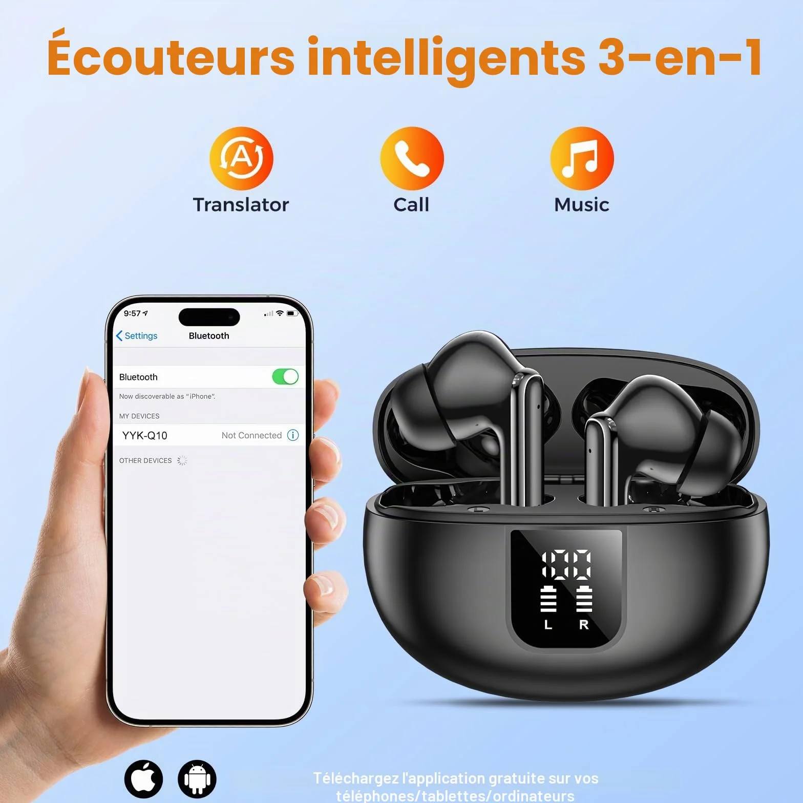Ecouteur Traducteur Instantané 3-en-1, Traducteur Vocal 150 Langues Temps réel ANC Bluetooth 5.4, Basses améliorée, Ajustement sûr Course à Pied