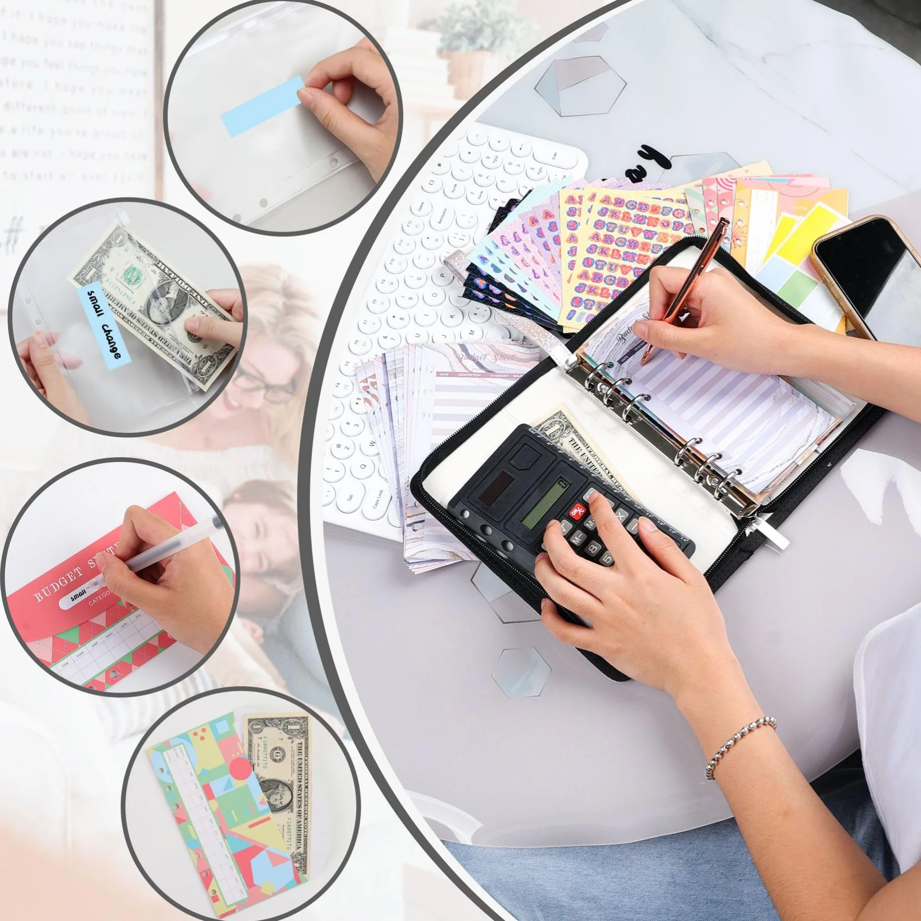 Classeur de budget A6 avec fermeture à glissière, organiseur d'argent, 4 pochettes PVC, enveloppes 12 couleurs, mini-calculatrice (Bleu)