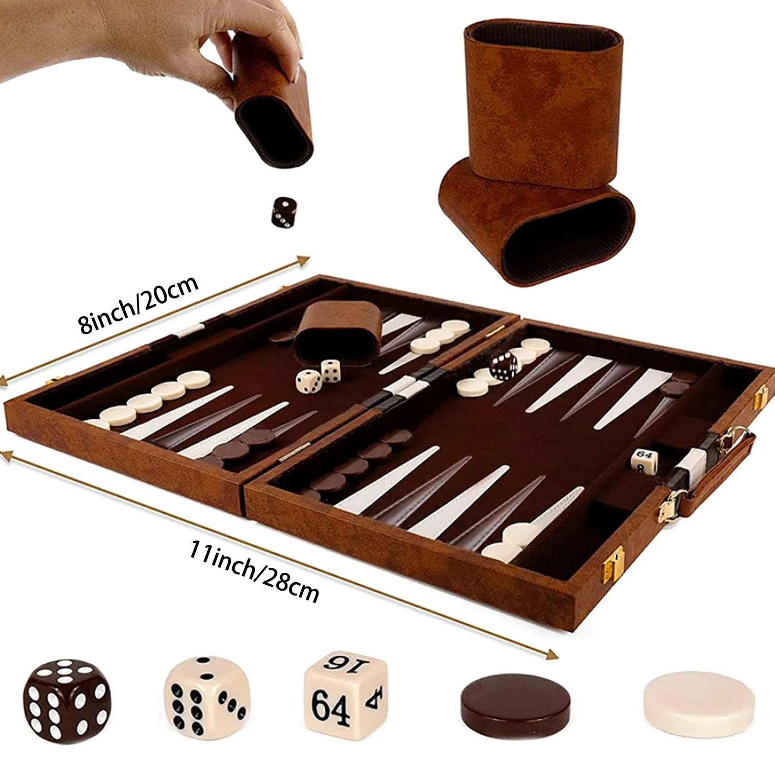 Jeu de backgammon 28 cm avec étui en cuir, intérieur en feutre, jeu portable | Planche pliante classique, design de voyage, surface de jeu durable, emballage prêt à offrir, MDF avec placage en bois