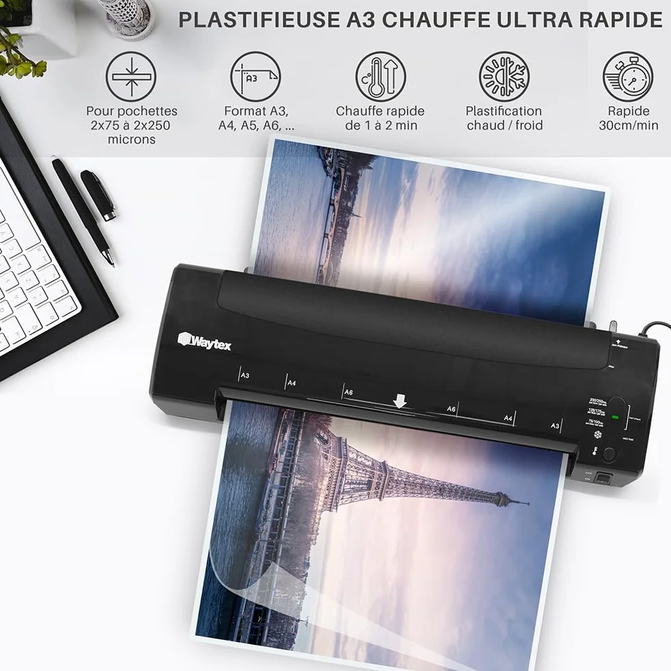 Waytex Plastifieuse A3 A4 A5 A6 Pro Ultra Rapide Plastification à Chaud et à Froid 2x250 microns Température Réglable