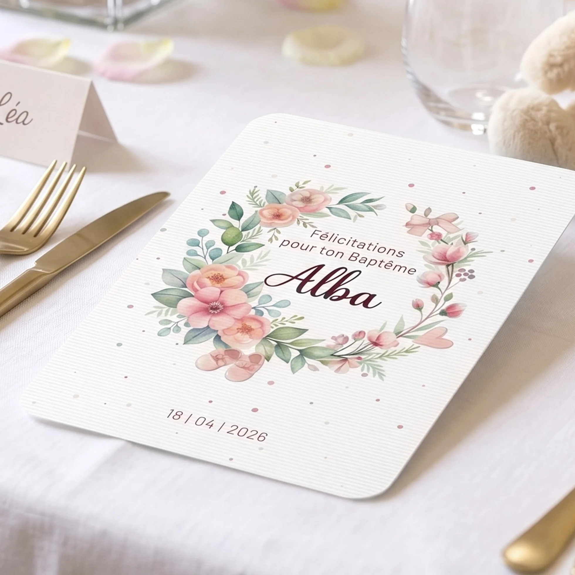 Carte félicitations baptême personnalisée, couronne fleurs, prénom, date, texte personnalisable, thème bleu garçon