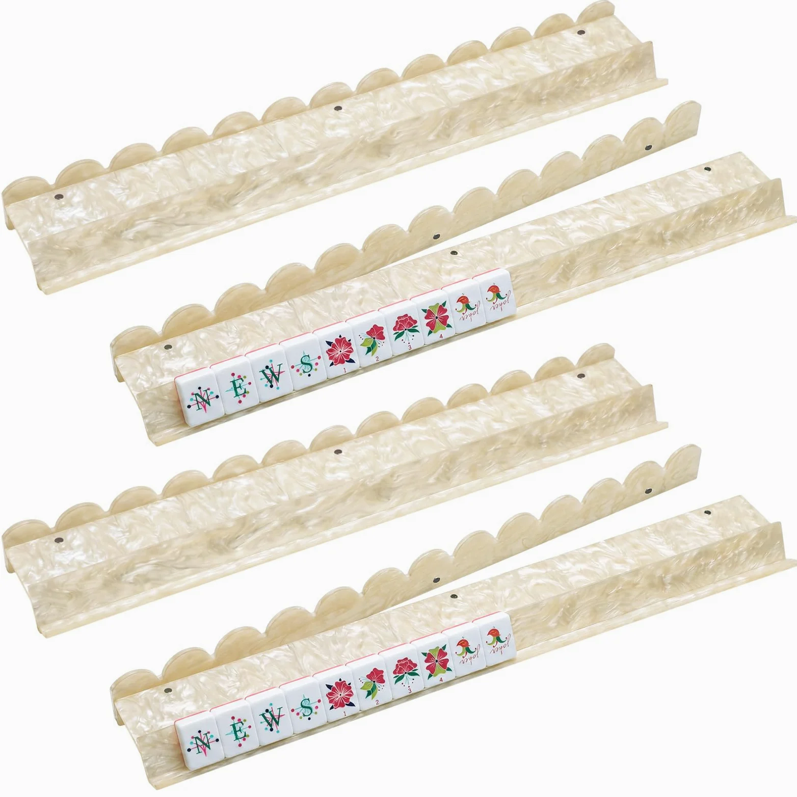 DoubleFill Lot de 4 supports de carrelage Mahjong en acrylique, bord festonné, nacré | Supports magnétiques à bords festonnés avec poussoir, tri des carreaux, organiseur tout-en-un pour jeux de mahjong à domicile