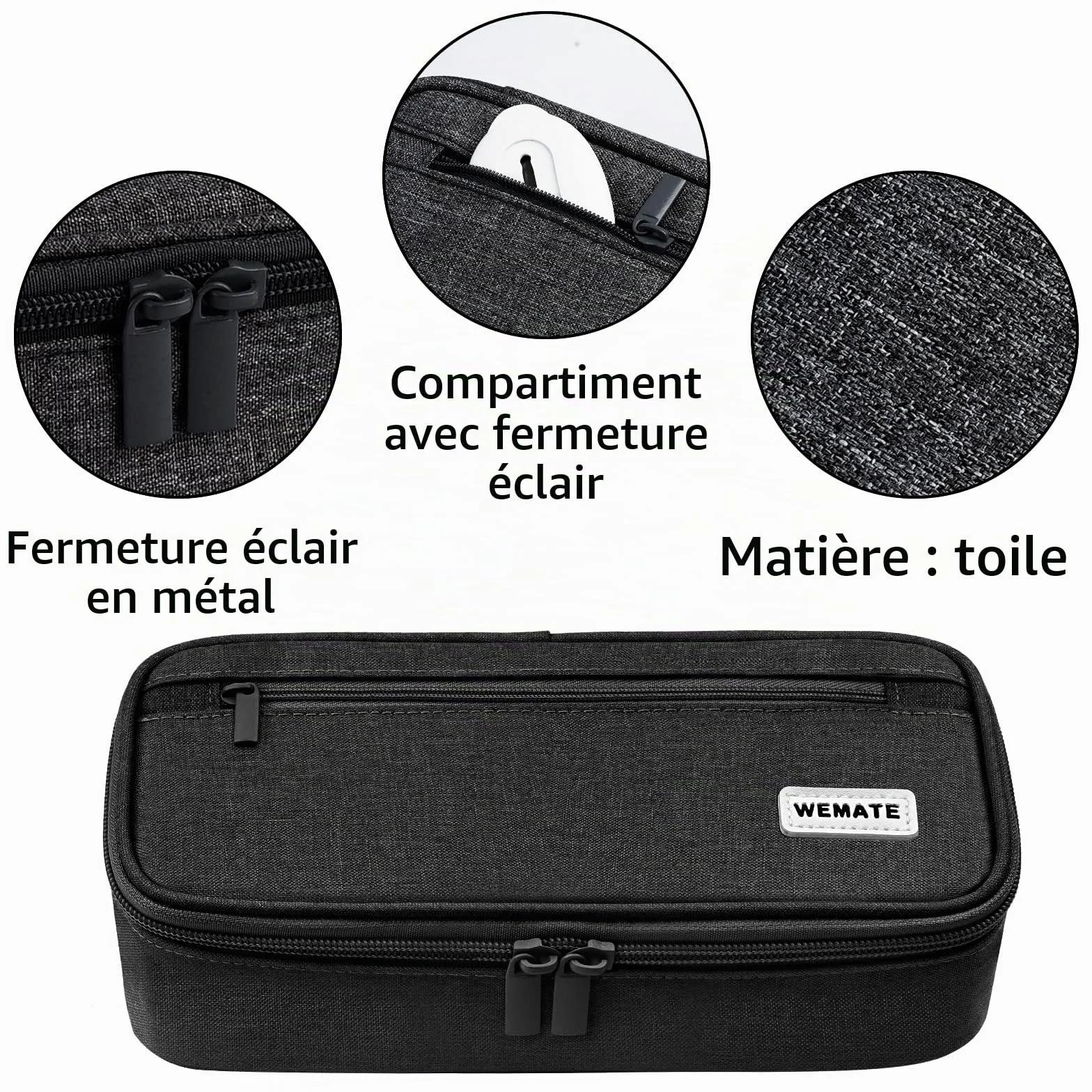 WEMATE Trousse Pliable Grande Capacité en Toile Noir pour École Bureau