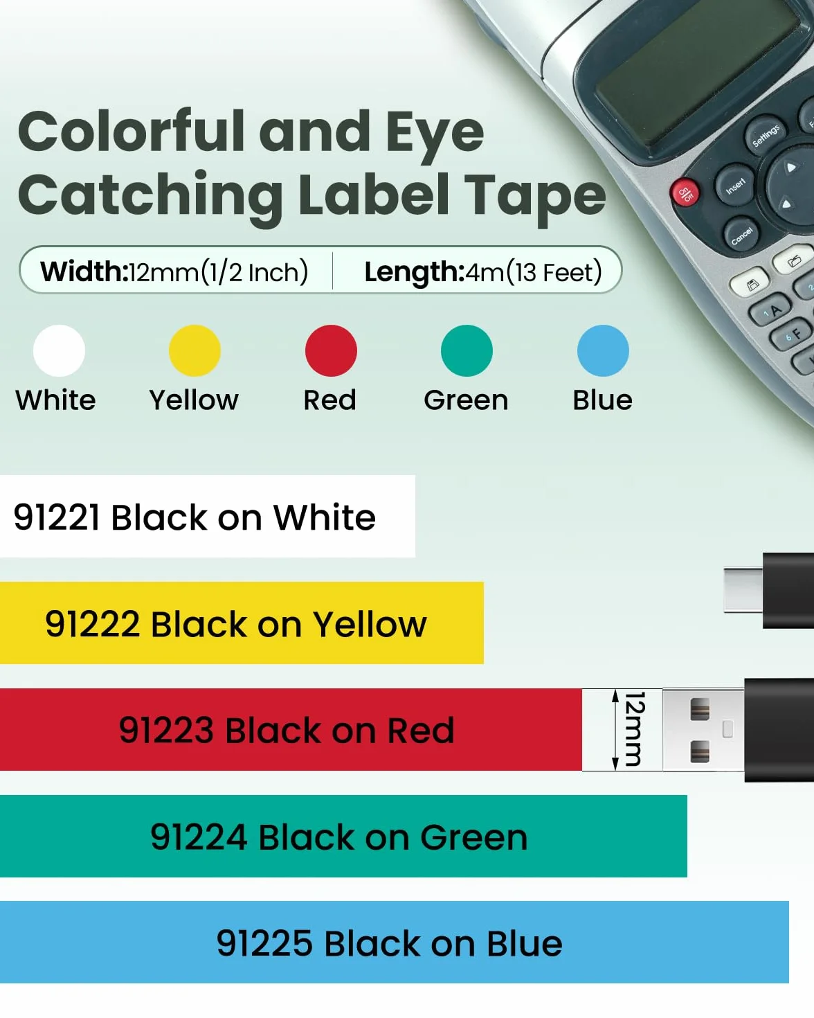 Wonfoucs Ruban Compatible Dymo LetraTag 12mm x 4m, Etiquette 91201 91202 91203 91204 91205, Noir sur Blanc/Rouge/Jaune/Bleu/Vert