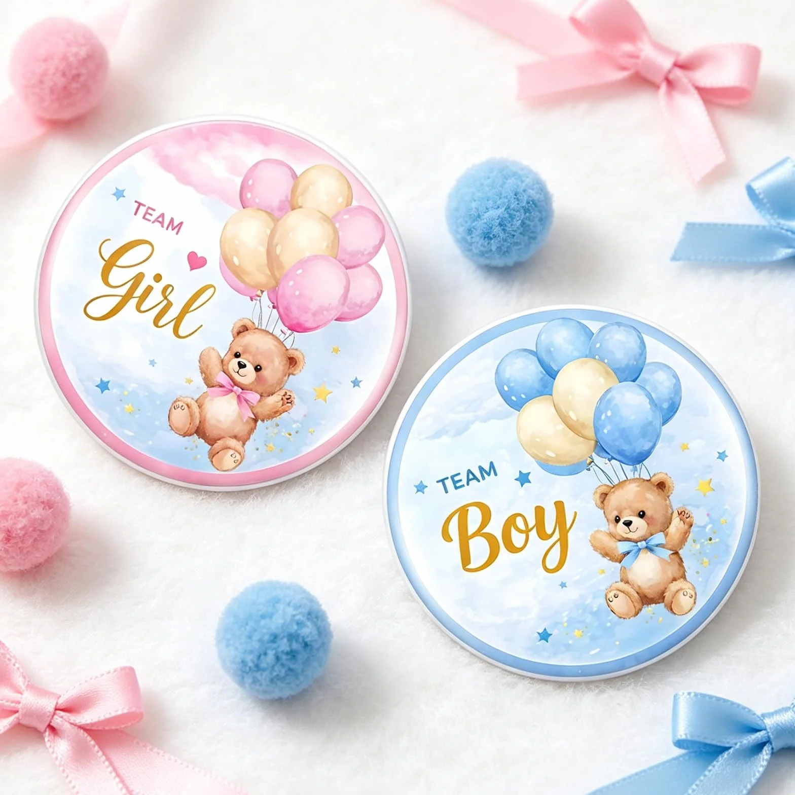 Gender Reveal Decoration Badge 50 Pièces Team Boy Team Girl Ourson Ballons Baby Shower
